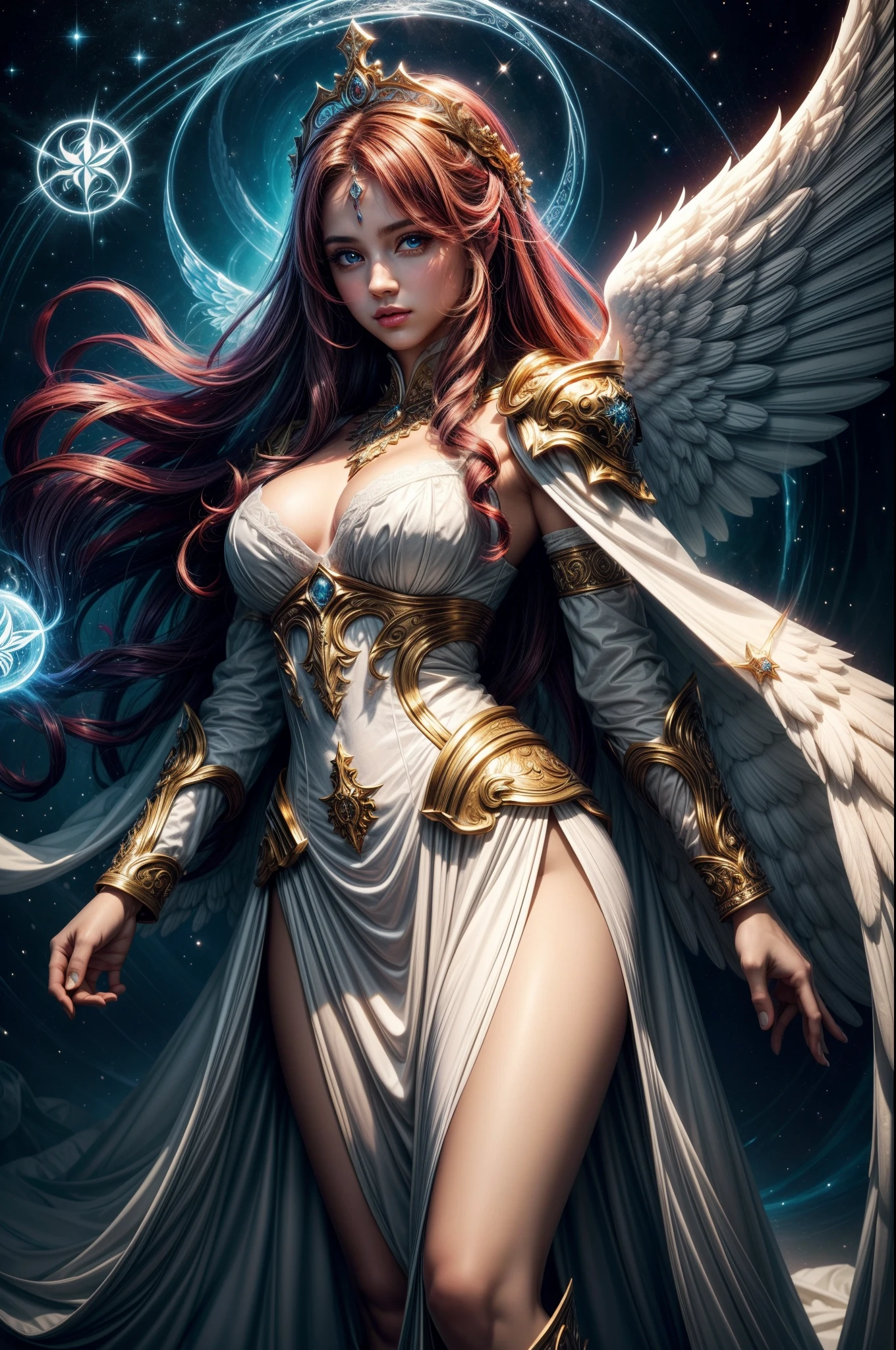 Hello, IA! Please create a creature of light, a beautiful angel of light, a magical spirit of light, is a character full of a sense of justice and divine power, she is usually depicted as a beautiful female angel with wings and long hair, wearing a shining white robe and golden armor, gentle eyes, beautiful eyes, the image of the royal sister angel is very beautiful and noble, her face is usually depicted very soft, pure and elegant. Her divine power is also very powerful and is often used to protect and help those in need. Explore your creativity and depict this mysterious and fictional creature. Use vibrant colors, unique shapes, and fun textures to make your images unique and engaging. I am glad to see your artistic interpretation of the whole body, light, random dynamic poses, shining halos, beautiful and noble angels, magical light magic, perfect spell casting, blessing prayer, (masterpiece), (best quality), (ultra-detailed), (masterpiece:1.2), (best quality), (ultra-detailed. Maximalist Rococo. Astral escape. Splash art, Latina portrait, indigo red-haired Latina,