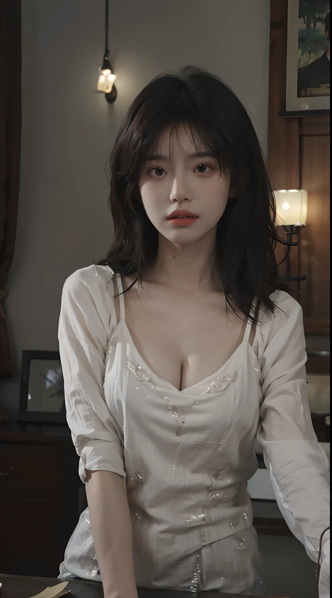 Best Quality, Masterpiece, Ultra High Resolution, (Realistic: 1.4), 1 Girl, Sexy, (Short Coat: 1.2), (Bra: 1.1), (Room: 1.1), (Upper Body: 1.4), (Barn: 1.4), (Wet Body)