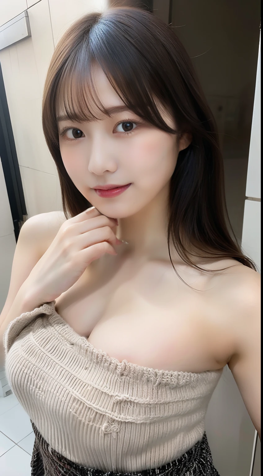 ((最好质量、8K、巨作:1.3))、1girl in、Beautiful woman with accentuated slim abs:1.3、(Casual Hairstyles、big tit:1.2)、Fluffy breasts、interiors、Super Detail Face、Delicate eys、双眼皮、drooing eyes、Soft breasts、a smile、Exposed cleavage