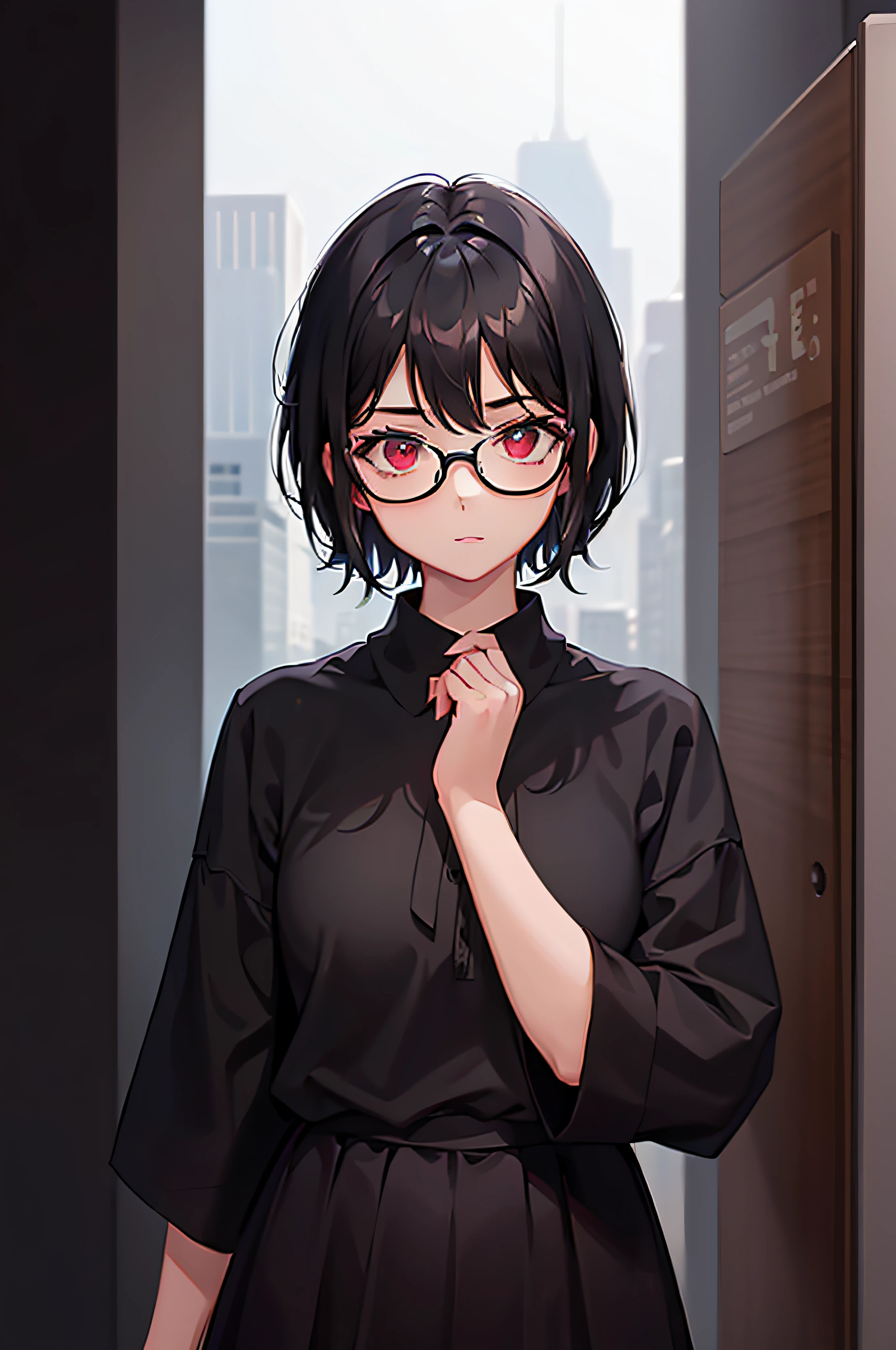 1 girl, short black hair, red eyes, round glasses, black shirt, black skirt, black shoes, high res, ultrasharp, 8k, masterpiece, looking at viewer