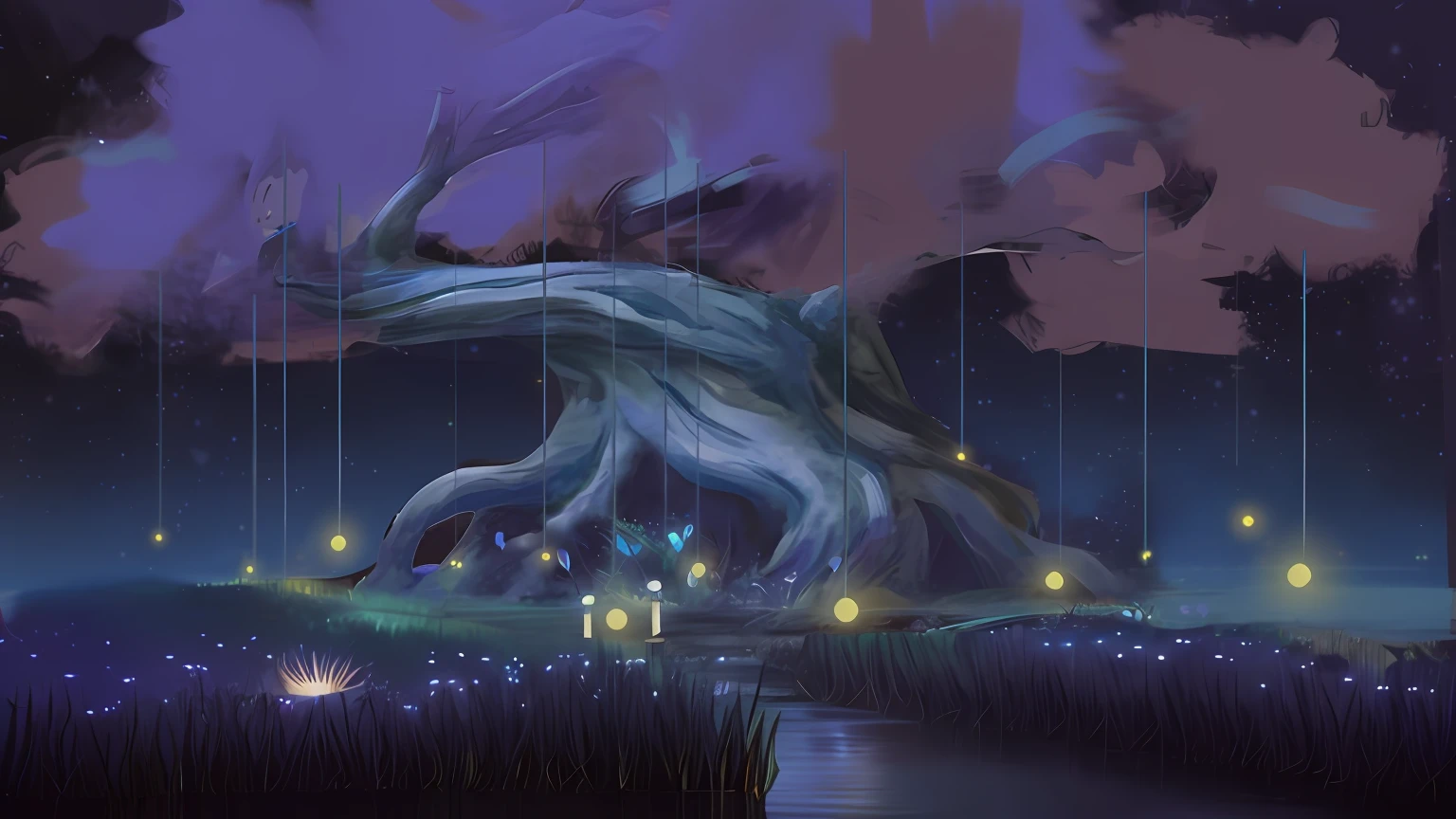 grassy fields，The glowing river symbolizes life，glowworm，a plant，wonderland。