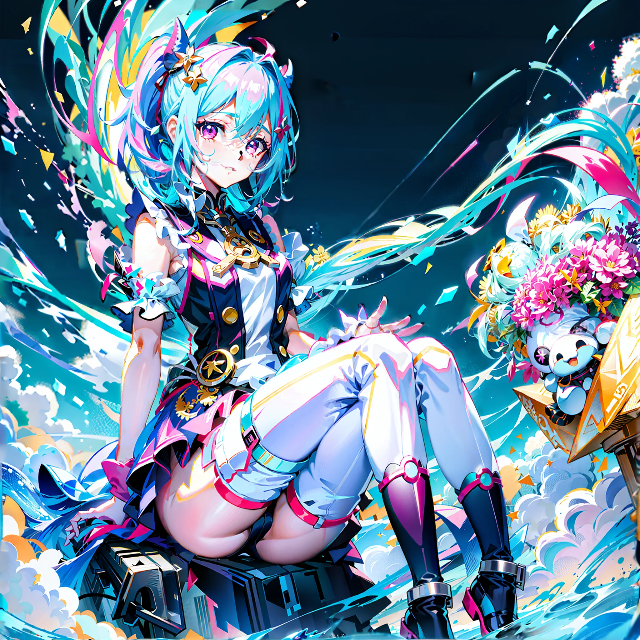 Anime girl sitting on the ground,Legs crossed, Splash art anime , wallpaper anime blue water, A scene from the《azur lane》videogame, macross delta splash art, Kushatt Krenz Key Art Women, Best anime 4k konachan wallpaper, trending on artstation pixiv, Detailed key anime art, Digital art on Pixiv,A long double ponytail will be able to reach the hand,a pink eyes
