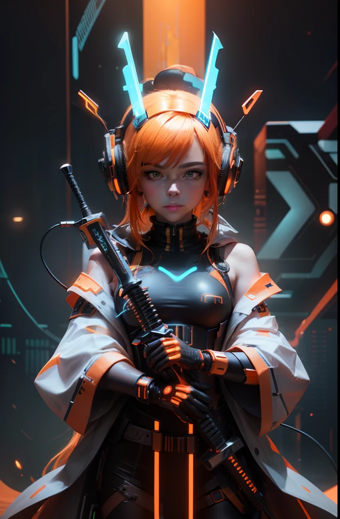 3d, background detail, body neon detail, headphones, cute face, beautiful face, crown, orange hair, orange neon body effect, sword, cyberpunk, neon background, red neon body effect,