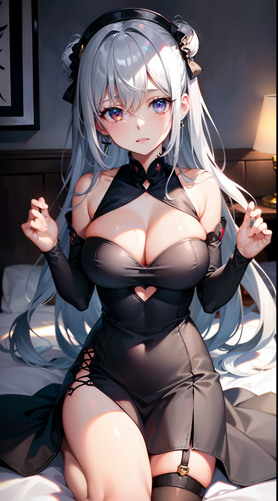 (1girl:1.1), solo focus, (shendailishi/\(/anime character）:1.331), (sick and charming:1.1), (keywords sexy tube top:1.1), hip skirt, black stockings, bottomless, leg tattoo, lying, long hair, grey hair, gradient hair, hair spread out, hair one side up, earrings, cleavage, (covered :1.1), large breasts, breasts out, tears, crying with eyes open, covering mouth, (heart in eye:1.1), messy room, lens flare, Fujifilm, 85mm, f/4.0, f/2.8, blurry foreground, projected inset, cinematic lighting, ray tracing, backlighting, UHD, masterpiece, ccurate, textured skin, high quality, highres, 4K