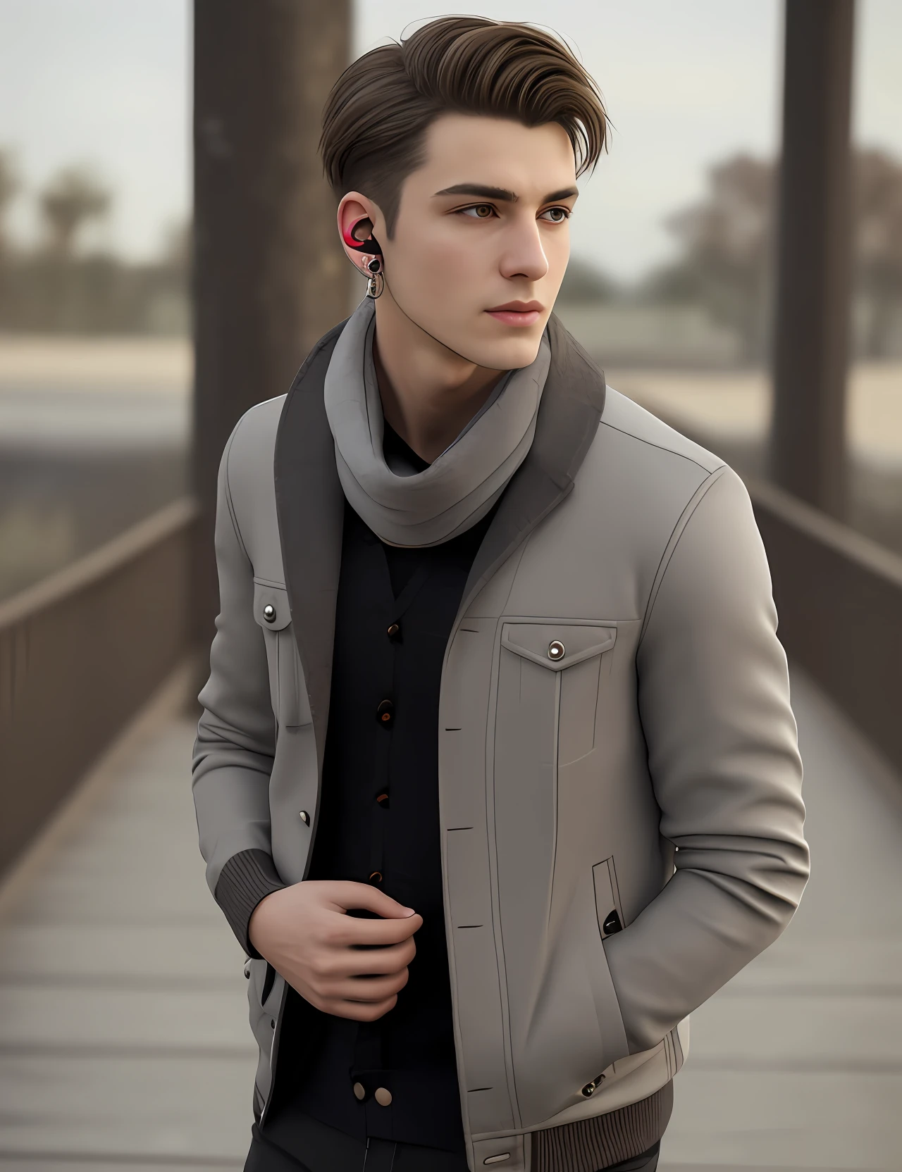 best quality, ultra photorealistic, photorealism, 8k, photograph, photo of a young man, jacket, ear studs, gray scarf, sweater, short windswept light brown hair, fit, beautiful, (effeminate), (shaved), eyeliner, standing on the walkway, background is a cro...