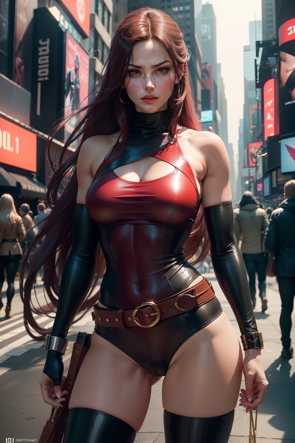Beautiful young Caucasian woman with long hair Elektra is a lethal assassin and mercenary known for her martial arts skills and wielding a pair of sai. New York City, Time Square. Elektra's classic outfit usually consists of a dark red outfit, often consisting of a long-sleeved short top and dark red tights. She is also known for wearing bandages that wrap around her forearms and hands, as well as adopting accessories such as belts. spy and skilled manipulator. Standing out as a beautiful intriguing figure, she is a killer. Her determination, cunning and complex connections make her an intriguing and multifaceted figure. (best quality: 1.0), (Ultra Highres: 1.0), highly detailed face and eyes, (photorealistic: 1.2)