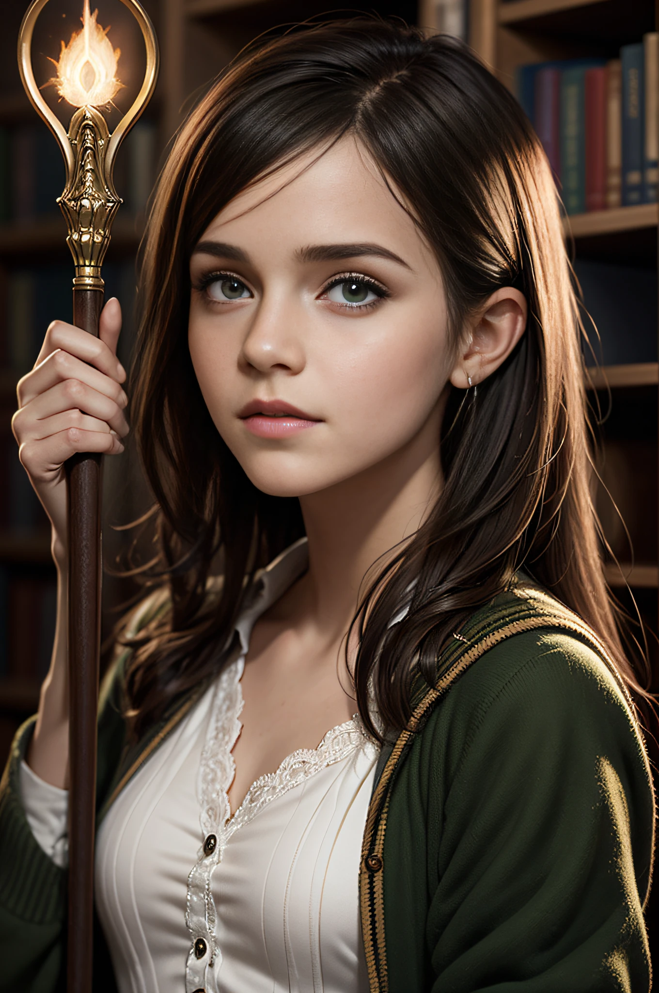 emma watson as hermione granger in her classic red school uniform, ((only green books)) inside a library, holding the brown wand with the tip, ((glowing from the lumos spell)), colorful, digital painting, concept art, smooth, sharp focus, illustration, art hyperdetailed, by john blanche retouched, realistic, smooth face, perfect eyes, symmetrical, full body shot, wide angle, sharp focus, 8 k high definition, insanely detailed, intricate, elegant, art by artgerm