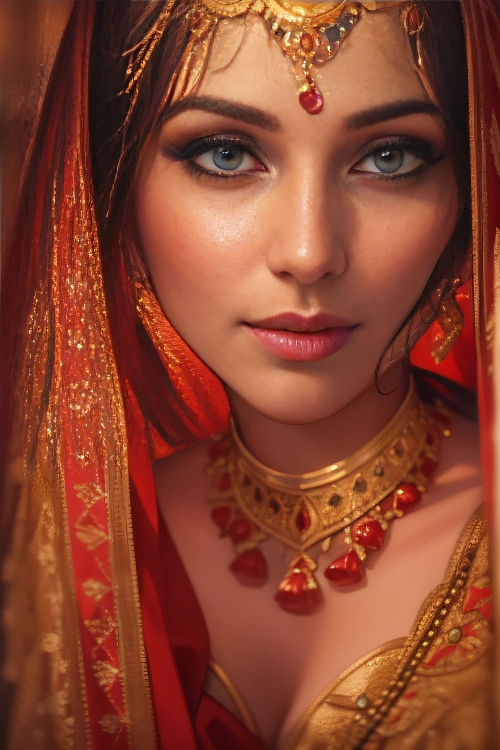 a close up of a woman in a red and gold costume, Traditional beauty, detailed beauty portrait, Portrait shooting, arabian beauty, Indian, stunning portrait, Beautiful portrait, very beautiful portrait, Rendu portrait 8k, photo of a beautiful woman, Middle Eastern skin, high quality portrait, indian empress, traditional makeup, Portrait photo of a beautiful, detailed beautiful portrait, indian style