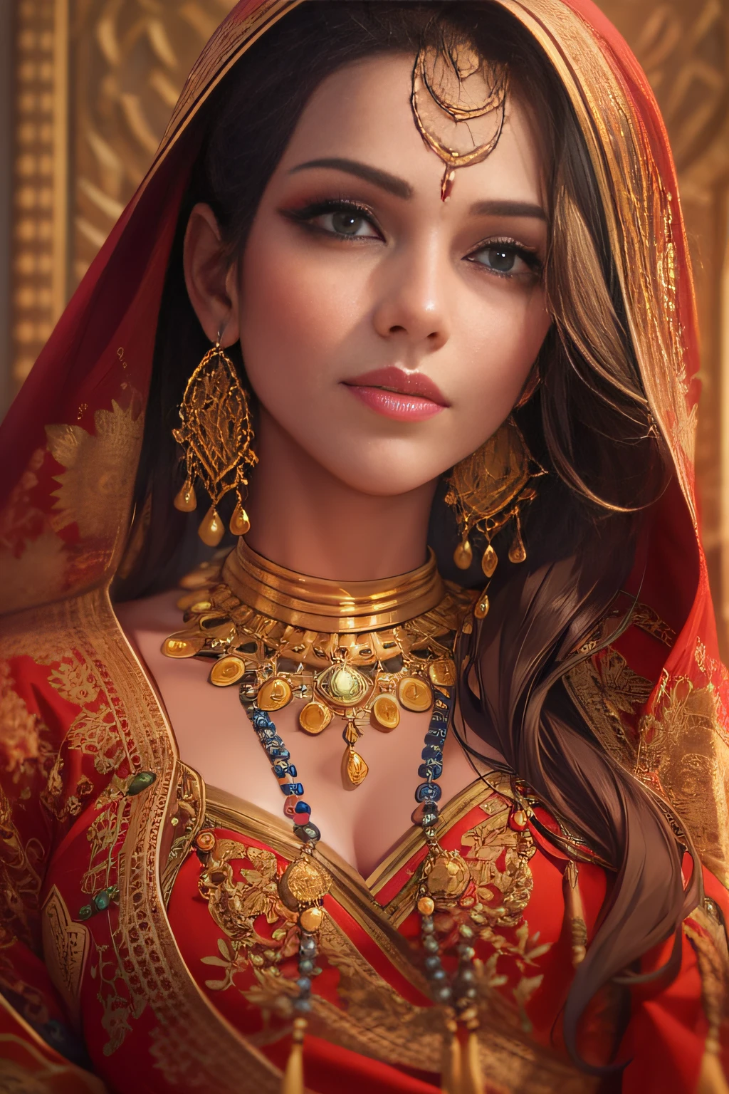 Sunny Leone, young, beautiful, completely naked, large breasts, gold ornaments, bindi, long earrings, necklace, nose ring, ornate scarf, photorealistic, high resolution, extreme closeup of face