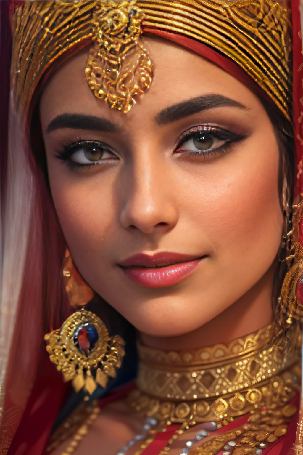 a close up of a woman in a red and gold costume, Traditional beauty, detailed beauty portrait, Portrait shooting, arabian beauty, Indian, stunning portrait, Beautiful portrait, very beautiful portrait, Rendu portrait 8k, photo of a beautiful woman, Middle Eastern skin, high quality portrait, indian empress, traditional makeup, Portrait photo of a beautiful, detailed beautiful portrait, indian style