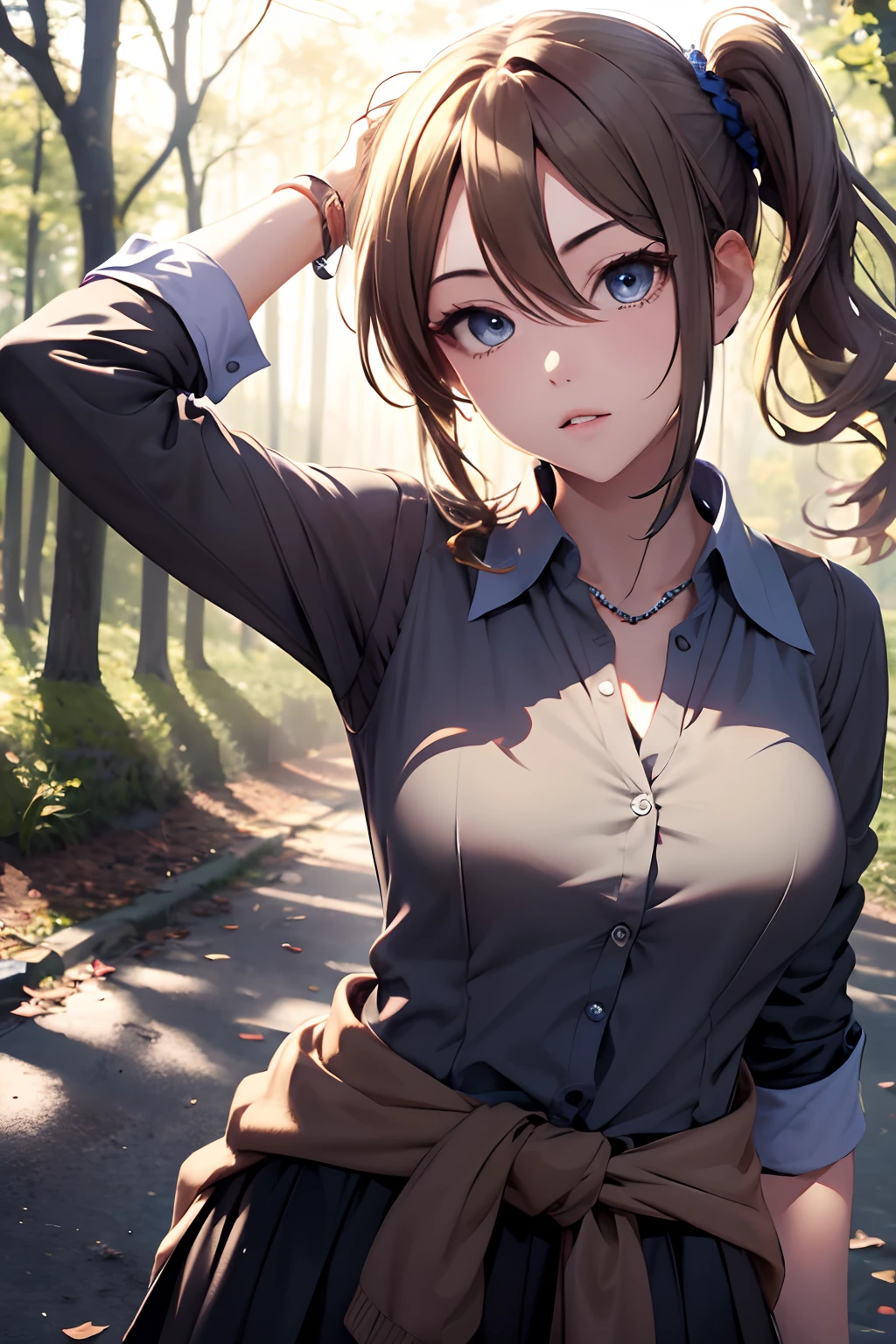 masterpiece, best quality, highres, aahayasaka, side ponytail, medium breasts, necklace, collared shirt, black vest, sleeves rolled up, clothes around waist, black skirt, outdoors, standing, cowboy shot