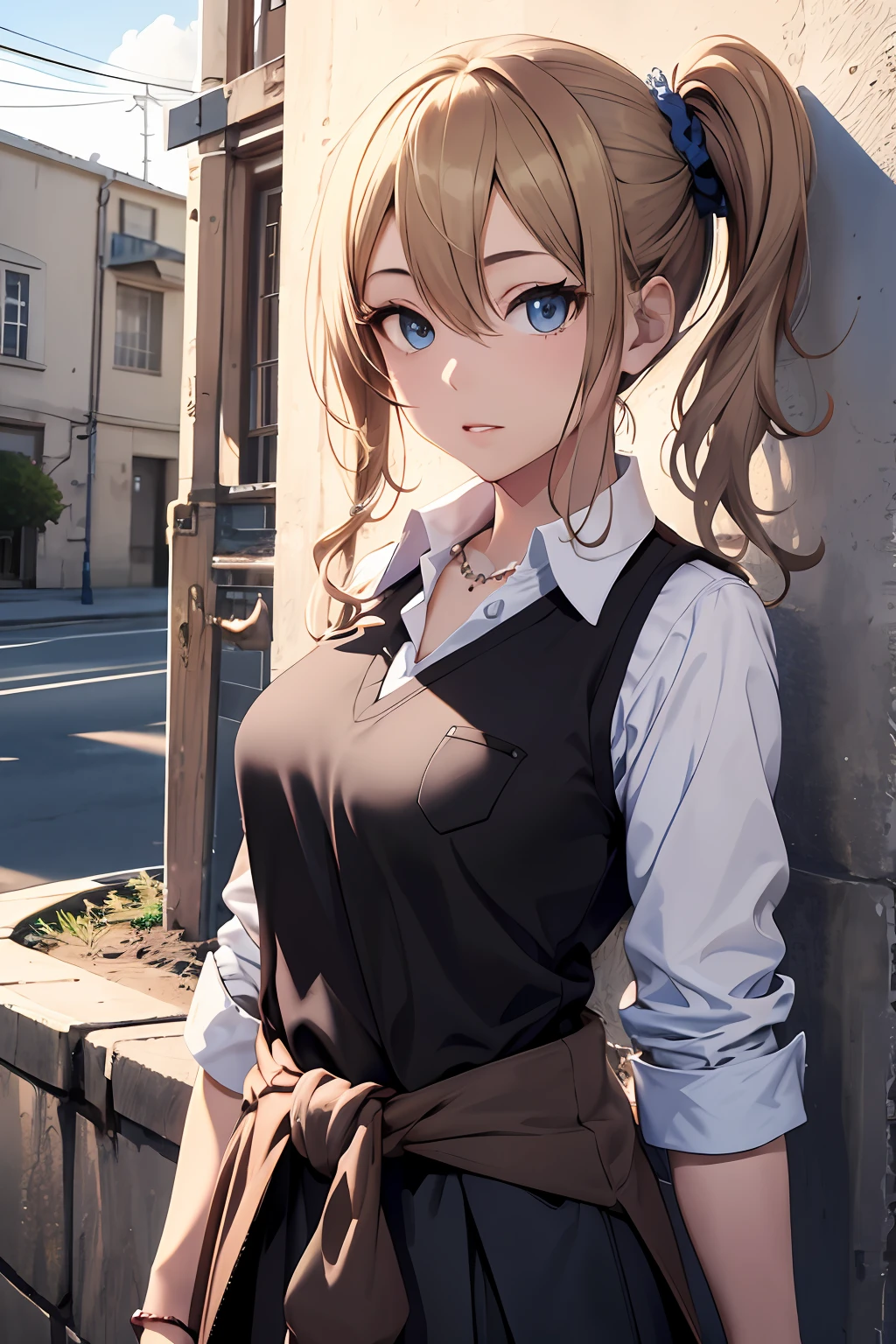 masterpiece, best quality, highres, aahayasaka, side ponytail, medium breasts, necklace, collared shirt, black vest, sleeves rolled up, clothes around waist, black skirt, outdoors, standing, cowboy shot