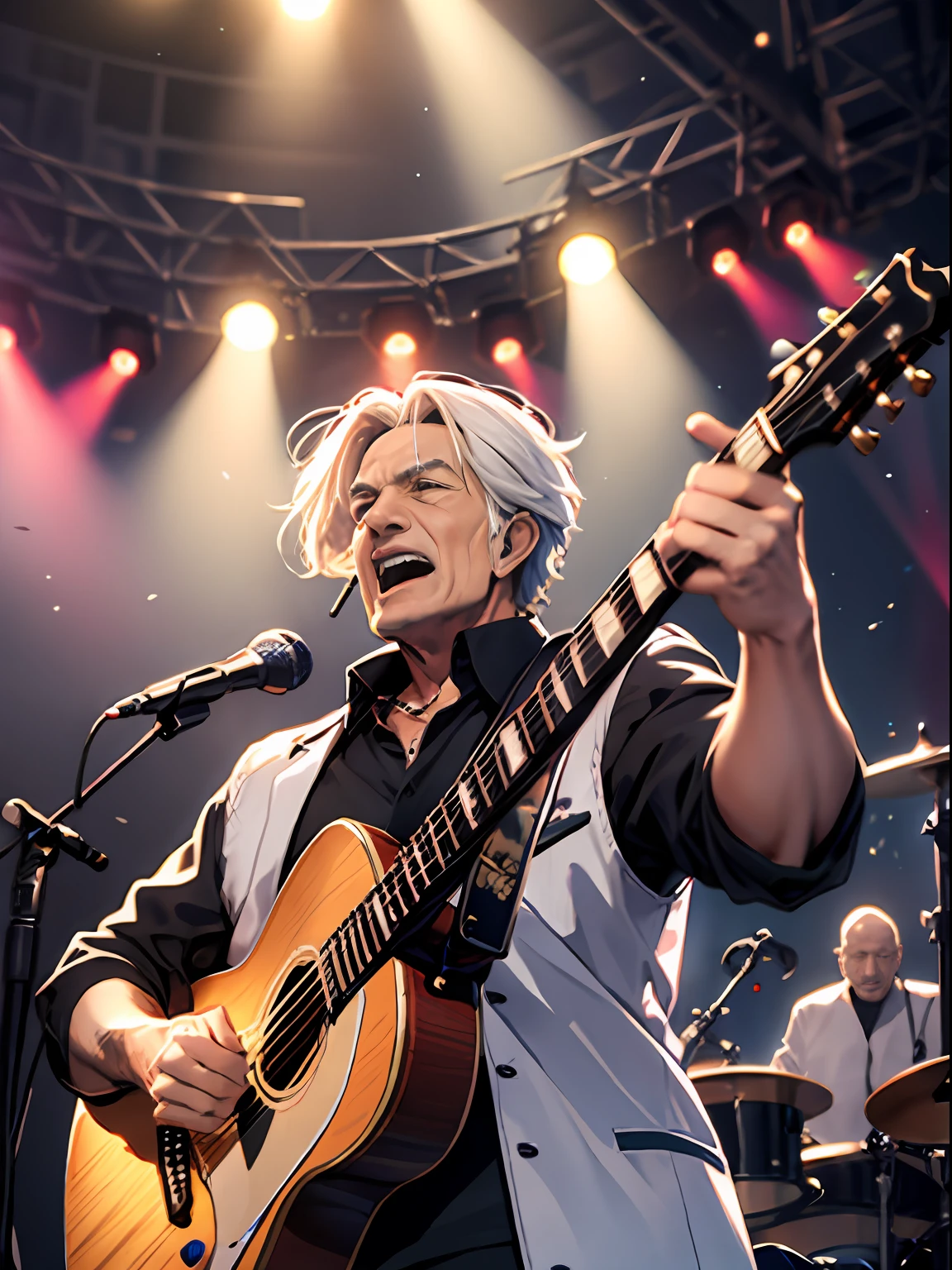 tmasterpiece, best qualtiy, realisticlying, ultra - detailed, Inside the concert,The old male singer sings by the microphone,idoly,band,guitar