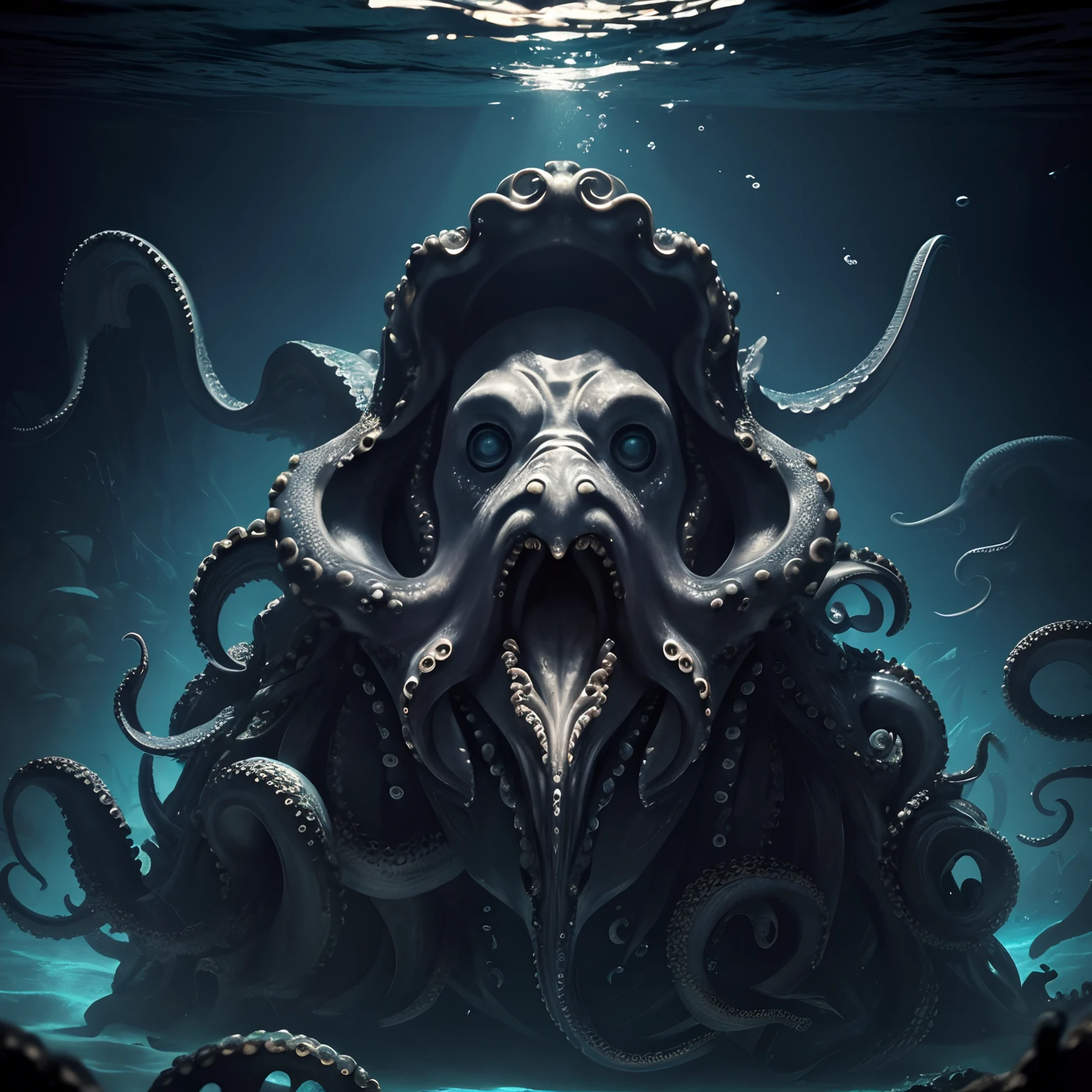 (extremely detaile, tmasterpiece, Best quality, Under the ocean), in dark style, Volumetric illumination. Medieval armor, Wrinkled face, Long tongue, Tentacle, deformation, underwater image, Threatens the octopus beak. Ink stains. Rococo composition. Caravaggio's light