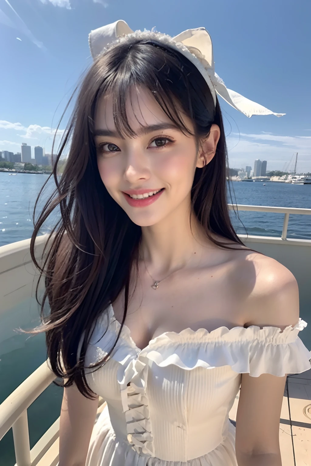 (8K、RAW photography、top-quality、tmasterpiece:1.2,duo,stroking)、ultra - detailed、Hyper-Resolution、(hyper realisitc:1.4)、(Use the kiss you throw as a camera)from the above、camera shot from above、Shoot the camera angle from above、I look at this with upward eyes、Arms outstretched、Arms spread wide、Use high-quality images taken from above with your camera、(5 digits in Girl on the Beach 1:1.3)、、Offshore girls(dreamlike lighting)Head to waist、、white skinned、Fair-skinned female proofreading、super high image quality、、Beautiful female proofreading reflecting in light、astonishing detail、Beautiful girls in very detailed、(Faces with different patterns1:1.2)、(Different facial emotions 1:1.3)、Each hairstyle has its own characteristics、colours々Hairstyles、colours々The hair color shines with a clean sheen、I love fishing on the boat、Brown hair shining in the light、One has a ponytail、、Modern cute girl、very detailed faces very detailed eyes、Very realistic skin、 Extremely detailed fingers, Highly detailed nose, highly detail mouth, perfect anatomia, (Off-the-shoulder Lolita costume 1:1.2)、、Their hair details sparkle、Hot teeth and smiles、Realistic body, white skinned, glistning skin, Slim body, Long straight hair, (Blunt bangs:1.2), , nixeu and sakimichan, twice, seifuku, sakimichan, promotional still, lalisa manobal, alena aenami and lilia alvarado