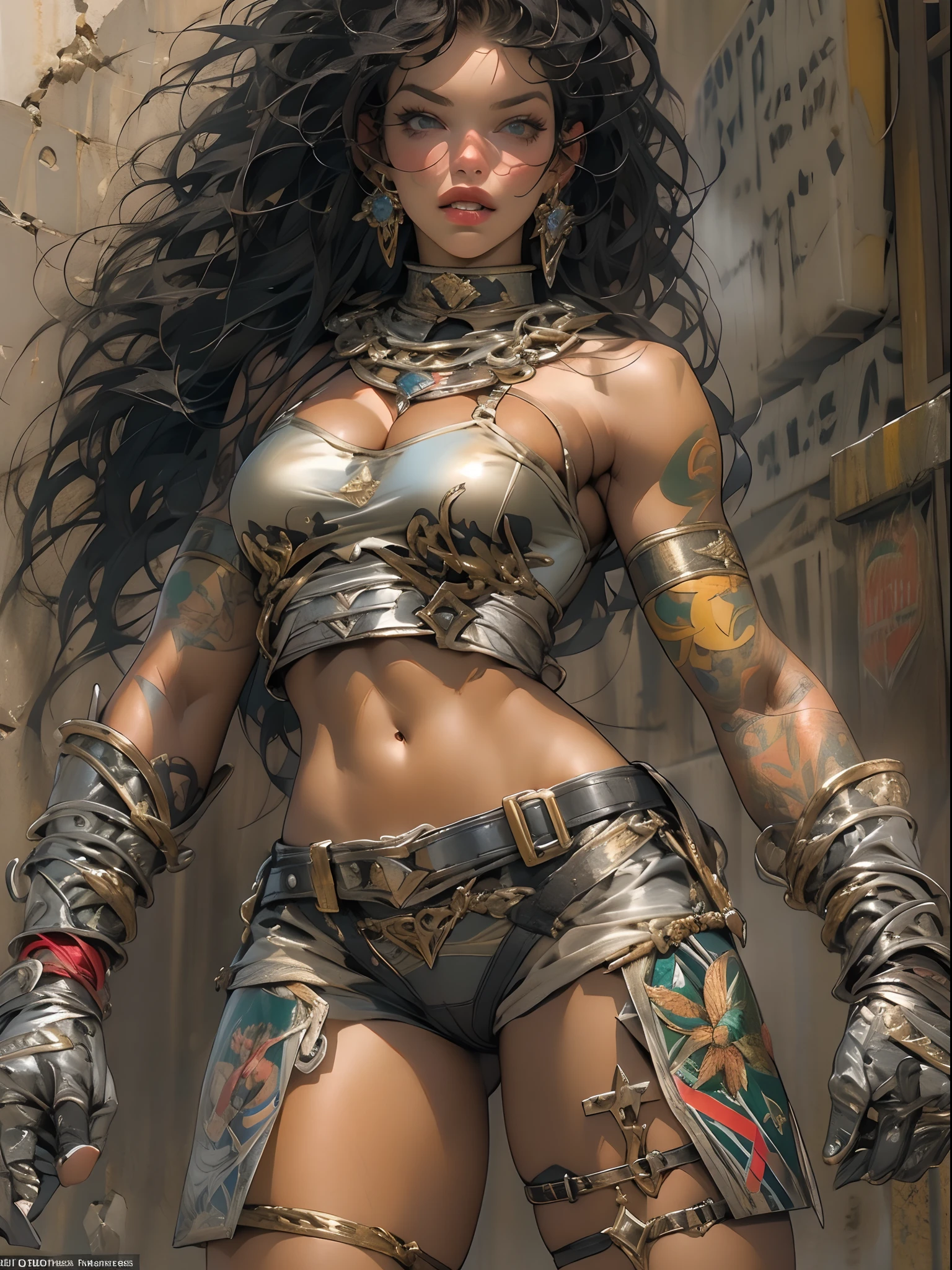 (((mulher))), (((melhor qualidade))), (((obra prima))), (((adulta))), Uma guerreira mulher de 35 anos com corpo perfeito, Brooklyn Gladiators, hand with steel gloves and metal tips, (( under boobs )), (( Tiny thong )), quase nua no estilo selvagem urbano de Simon Bisley para a capa da revista 2000 A.D., cabelo loiro, Minimum clothing, armadura (roupa feita com a bandeira do 🇧🇷 ), cheio de pontas e rebites manchadas de tinta, tatuagem de estrelas de 5 pontas, (((corpo inteiro))), cabelo preto curto com franja branca cobrindo a testa