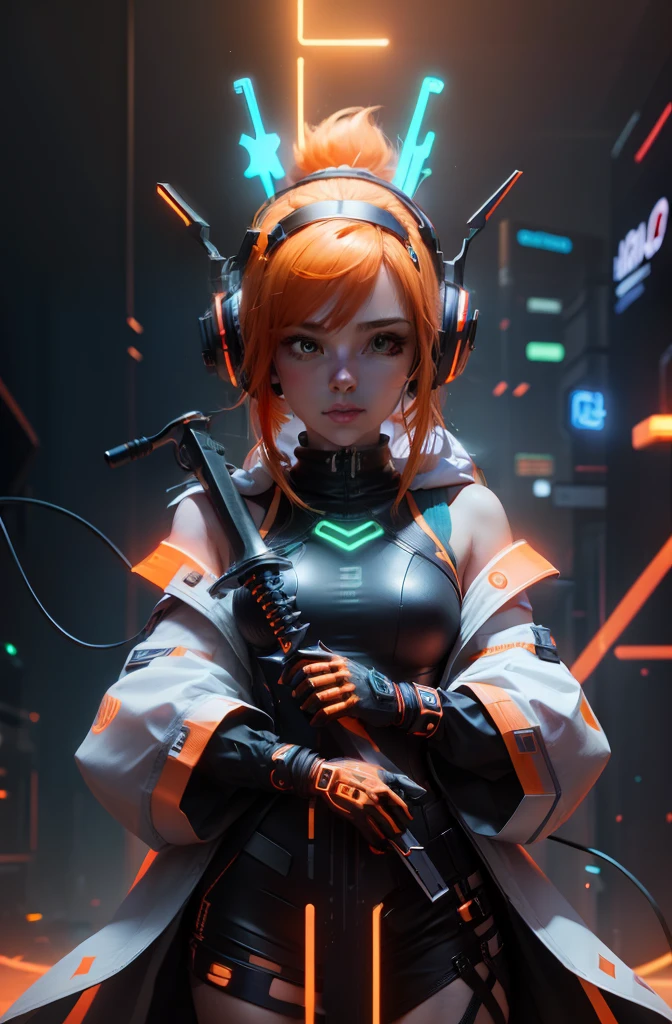 3d, background detail, body neon detail, headphones, female, slim body, cute face, beautiful face, crown, orange hair, orange neon body, cyberpunk, sword, beautiful girl