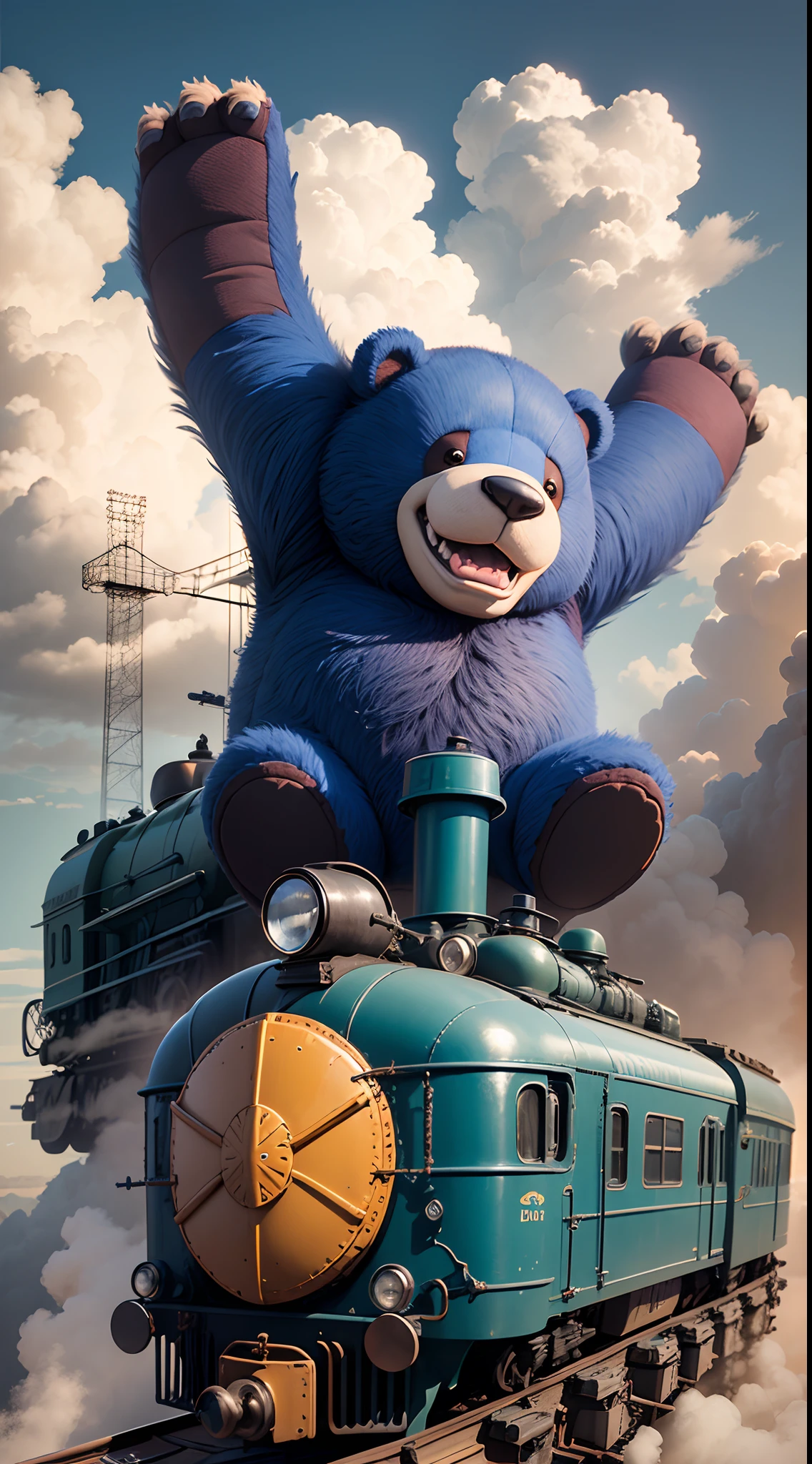 a blue funny very giant teddy bear sits on a toy locomotive and flies through thick clouds on it. He laughs loudly, waving his paws. Hyper realistic image. Blurred fantasy background top down view. Light haze. 8K --auto --s2