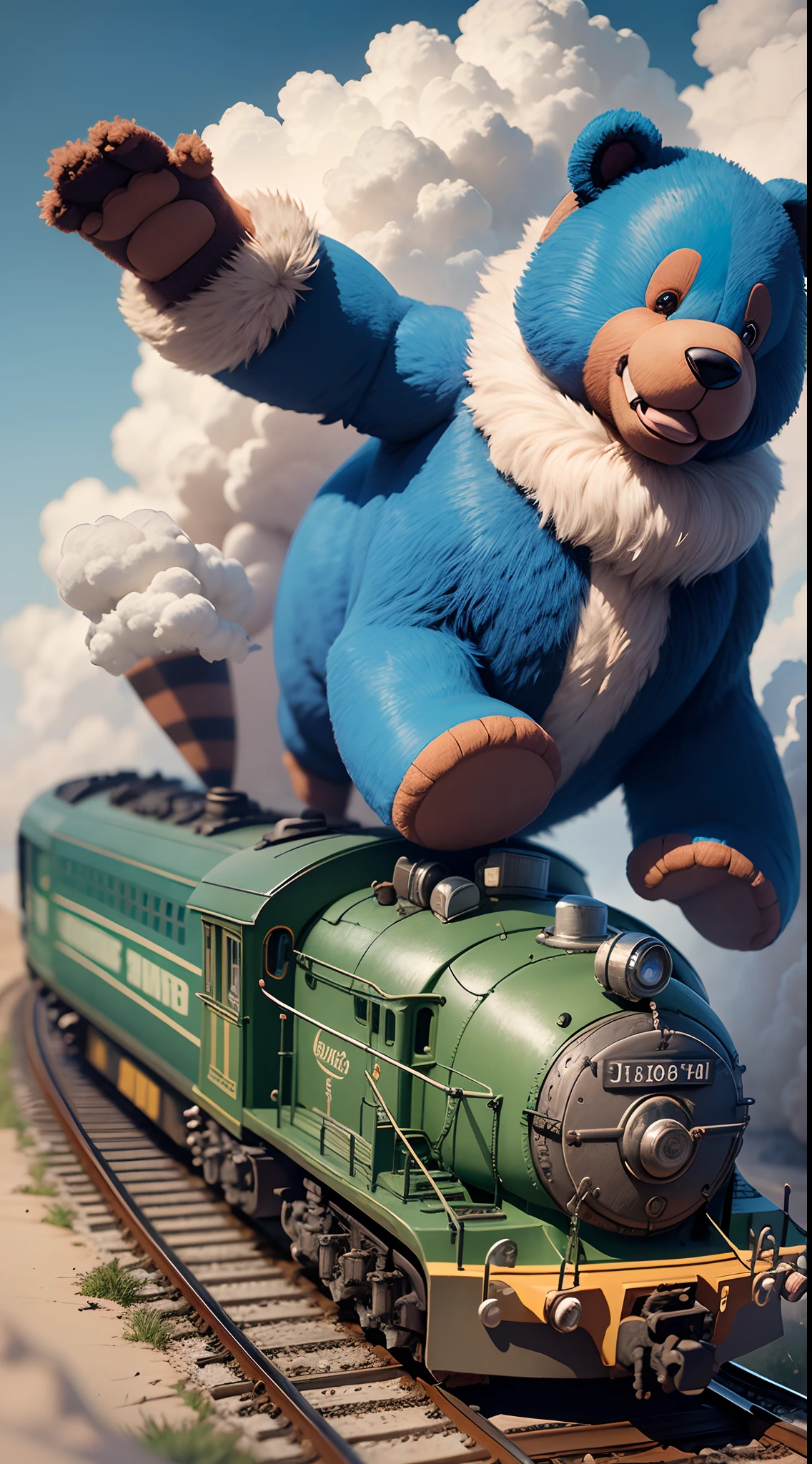 a blue funny very giant teddy bear sits on a toy locomotive and flies through thick clouds on it. He laughs loudly, waving his paws. Hyper realistic image. Blurred fantasy background top down view. Light haze. 8K --auto --s2