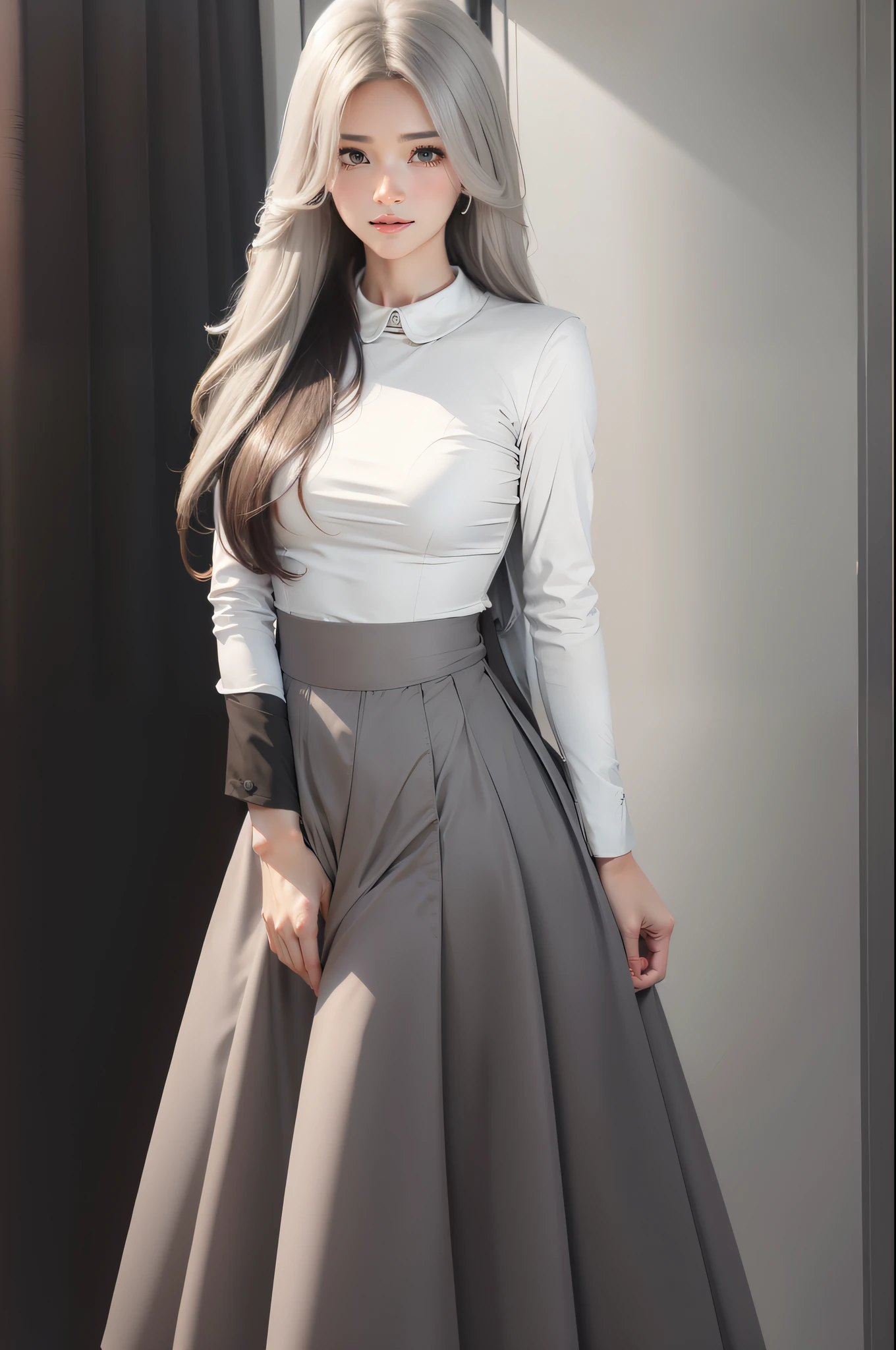 Allard woman with white hair and white shirt poses for a photo, digital art of an elegant, wearing elegant outfits, white shirt and grey skirt, inspired by Sim Sa-jeong, korean women's fashion model, elegant clothes, elegant girl in urban outfit, dressed with long fluent clothes, photorealistic anime girl rendering, Korean girl