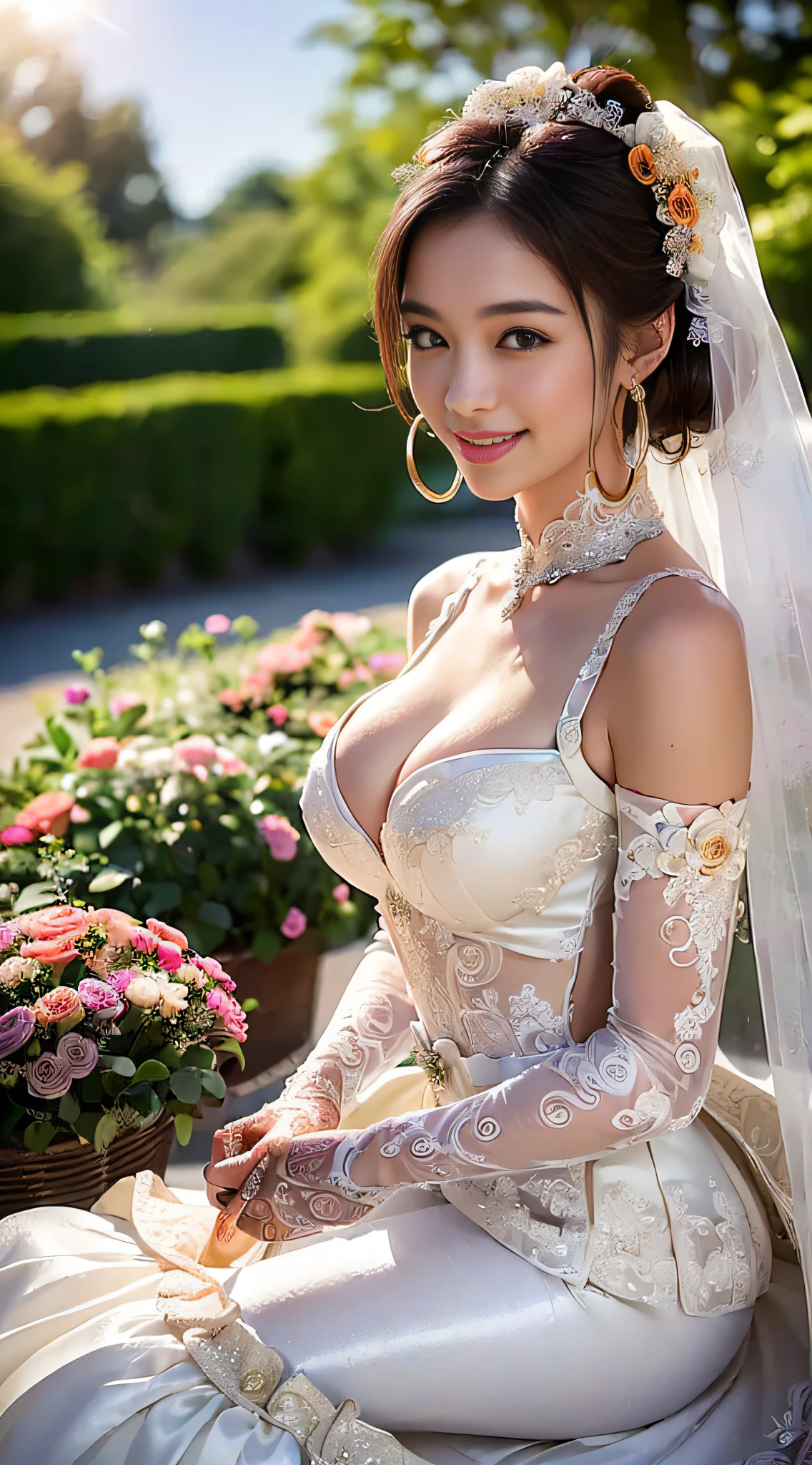 (High definition CG Unity 16k wallpaper), (masterpiece),(top-quality), (Best Detail), (Best Illustration), (Best Shadow), (Realism:1.5), Realistic human skin, (ultra-detailliert),+++(((Asian girl sitting ,独奏:1.5)))+++ ,(Very beautiful brown chignon hair:1.5)、 (Shiny brown hair:1.5)、(beautifull detailed face)、(beatiful detailed eyes)、((masterpiece:1.4、top-quality))、((masterpiece、top-quality))、(photographrealistic:1.4)、(Japanese Idol、Japanese actressl:1.5)、(perfect anatomia、Correct anatomy、perfectly proportions、face perfect、perfect hand、perfect leg、Perfect fingers、 perfect hand、Perfect mouth、Perfect lips,a small face:1.5)、(Happy smiling face:1.4)、(extremely detailed eye and face),(Incredibly beautiful face、Very cute)、(big eye)、 (impossibly thin waist:1.5), (incredibly huge breasts that are completely soft:1.5)、(Realistic background、blue-sky、suns、Flower Garden:1.5),(Large crowds:1.5)、(Japan gal in voluminous full-length hoop skirt and luxurious wedding dress is sitting in the garden:1.5),((Very gorgeous and wedding dress with voluminous full-length hoop skirt:1.5))、(gorgeous embroidery and lace),Gorgeous corsage,See-through,(Very gorgeous ta hair ornament)),Tiara adorned with glitter and very gorgeous jewels,(hoop skirt,crinoline)、