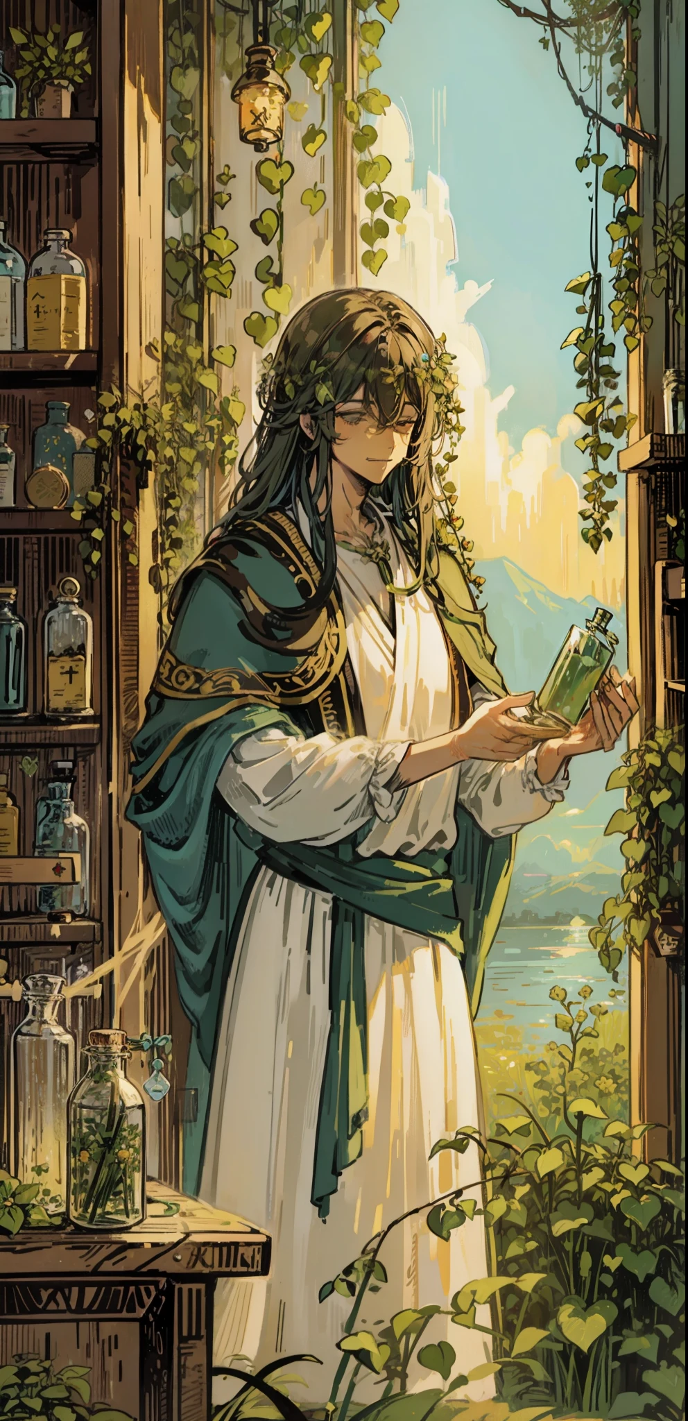 tarot card, the healer, 1 man, hair ornament, long messy hair, gentle smile, herbs in bottles, making a potion, beautiful lighting, godrays, potion bottles, shelves, water, flowers