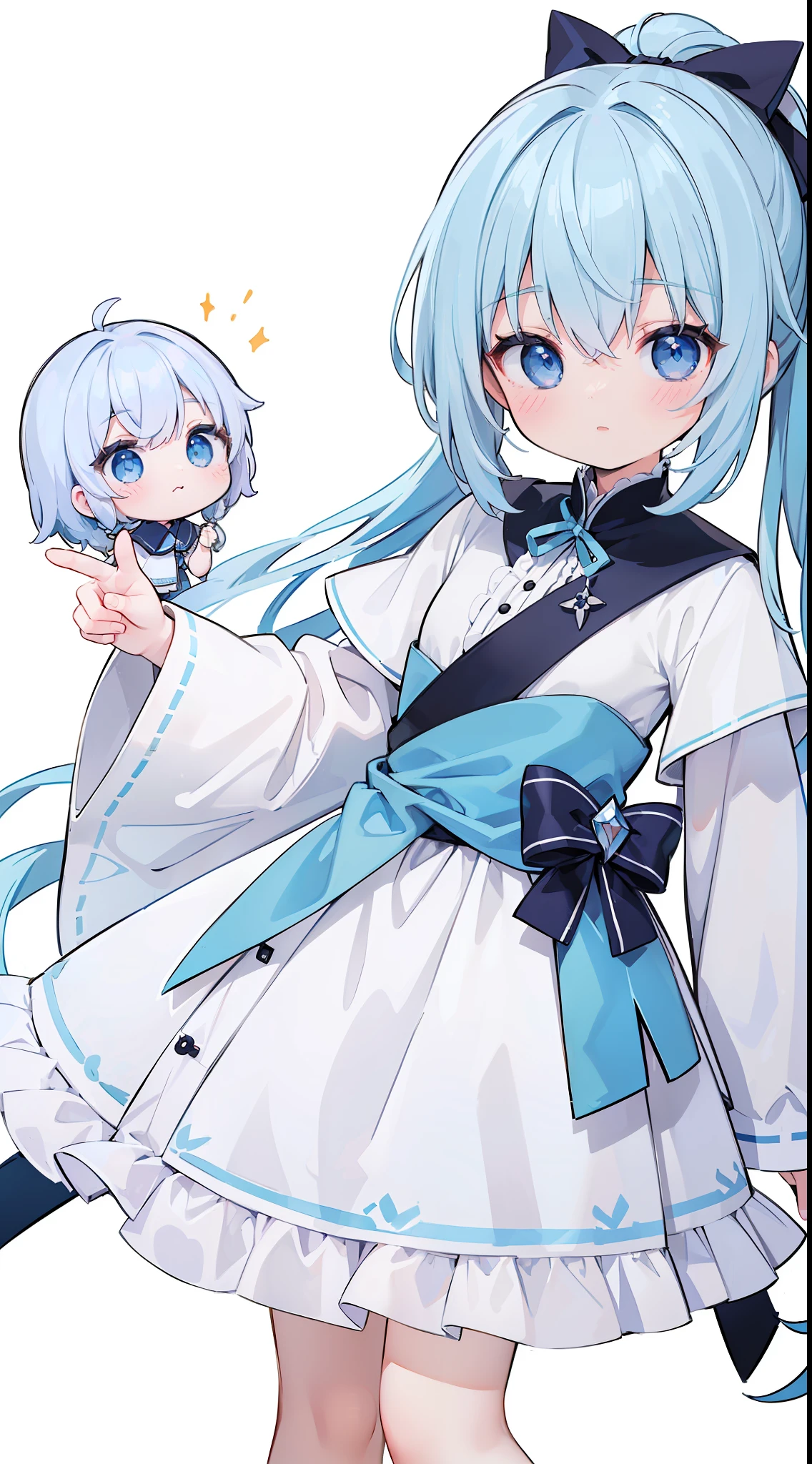 ((tmasterpiece))、(((top-quality))、(CharacterDesignSheet、Same character、gauges、Across、A sole)、illustratio、1 rapariga、、By bangs、Light blue eyes、environment change scene、hairstyle fax、Pose Jitai、femele、Light blue hair、twosideup、There is a light blue ribbon on the head、Witch outfit、(simple background、White background:1.3)、