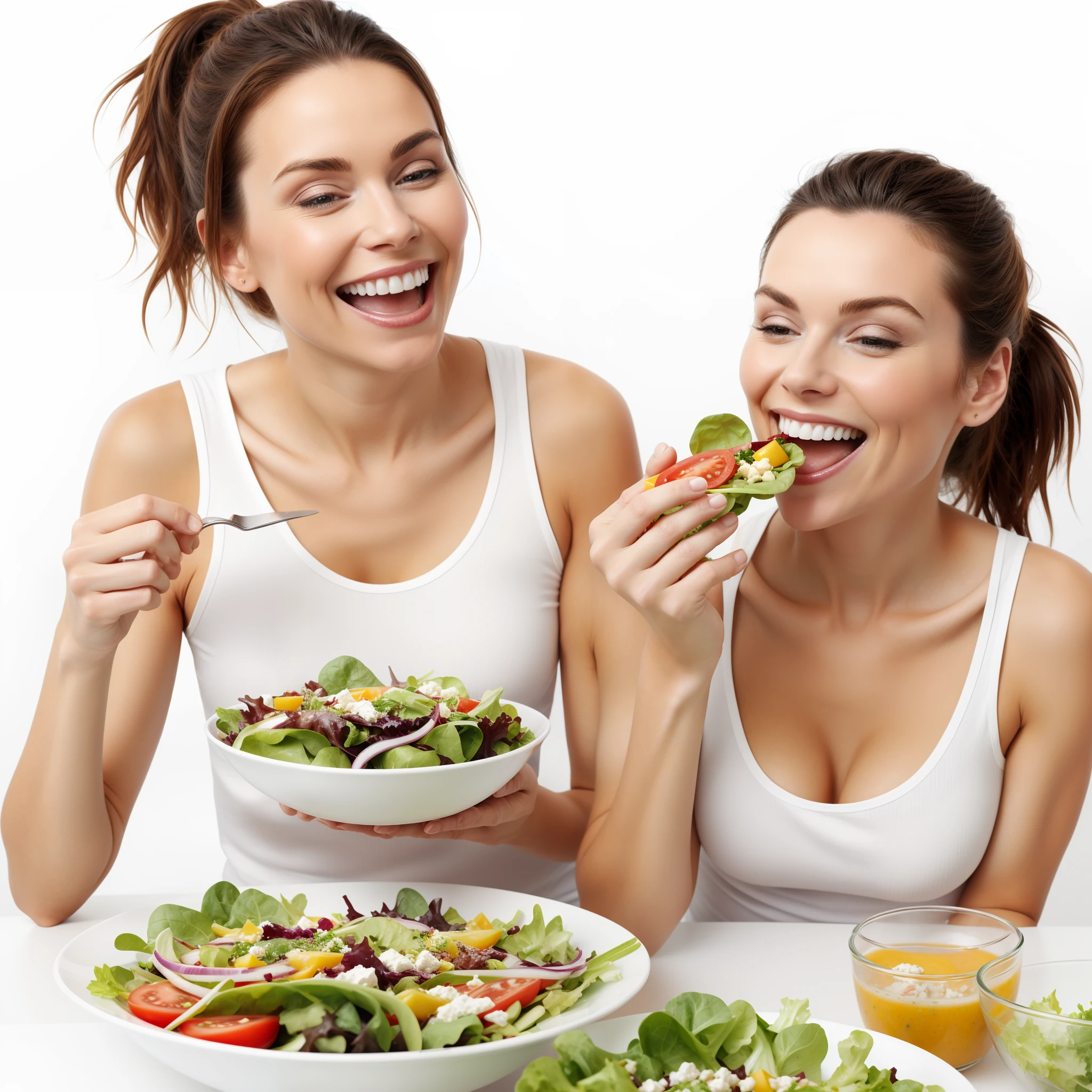 A woman is eating salad the health white background