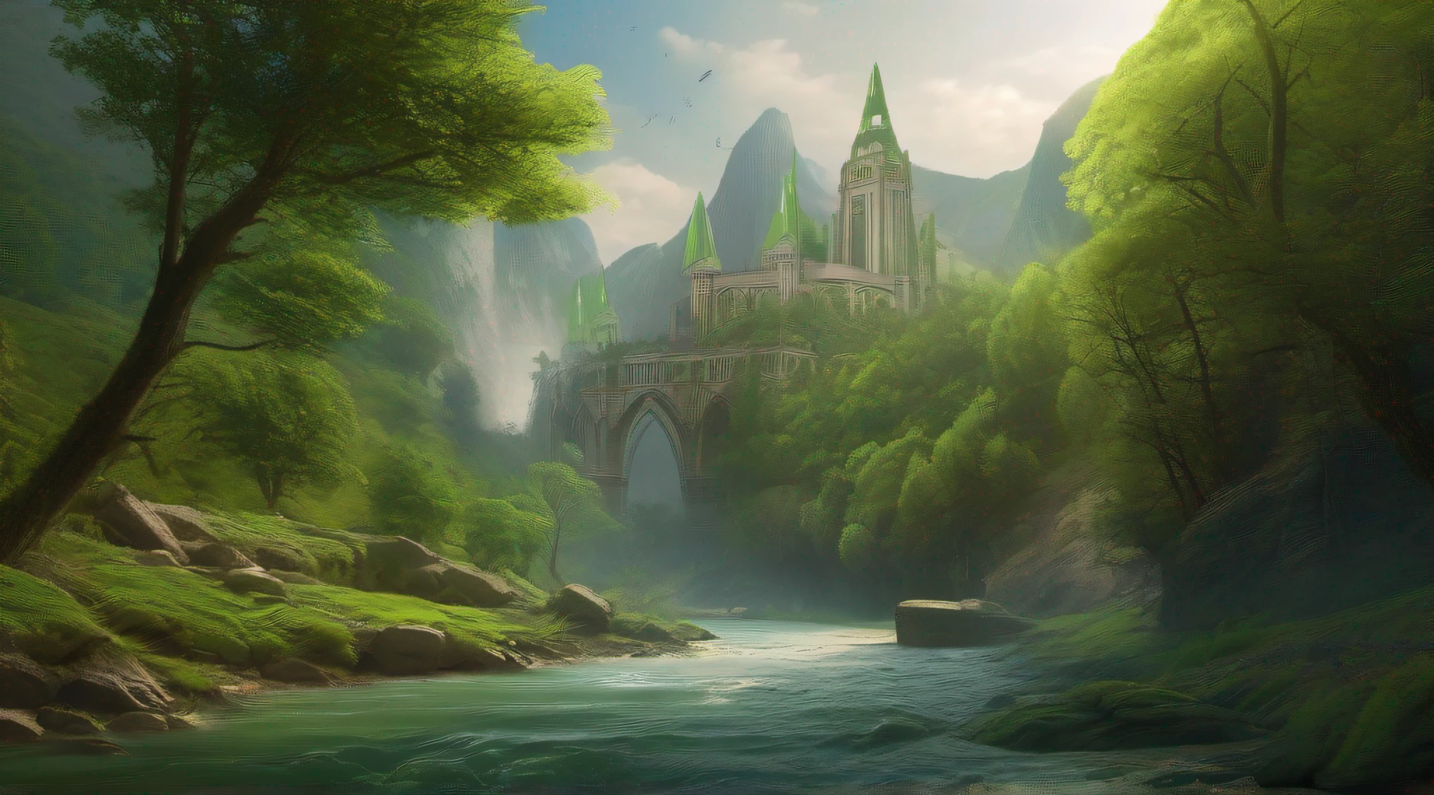 there is a river running through a lush green forest filled with rocks, a matte painting by Raphael Lacoste, Artstation contest winner, fantasy art, medieval fantasy landscape, impressive fantasy landscape, high fantasy matte painting, fantasy matte painting, epic rivendell fantasy, atmospheric fantasy setting, matte painting in fantasy style, epic fantasy landscape, elven architecture