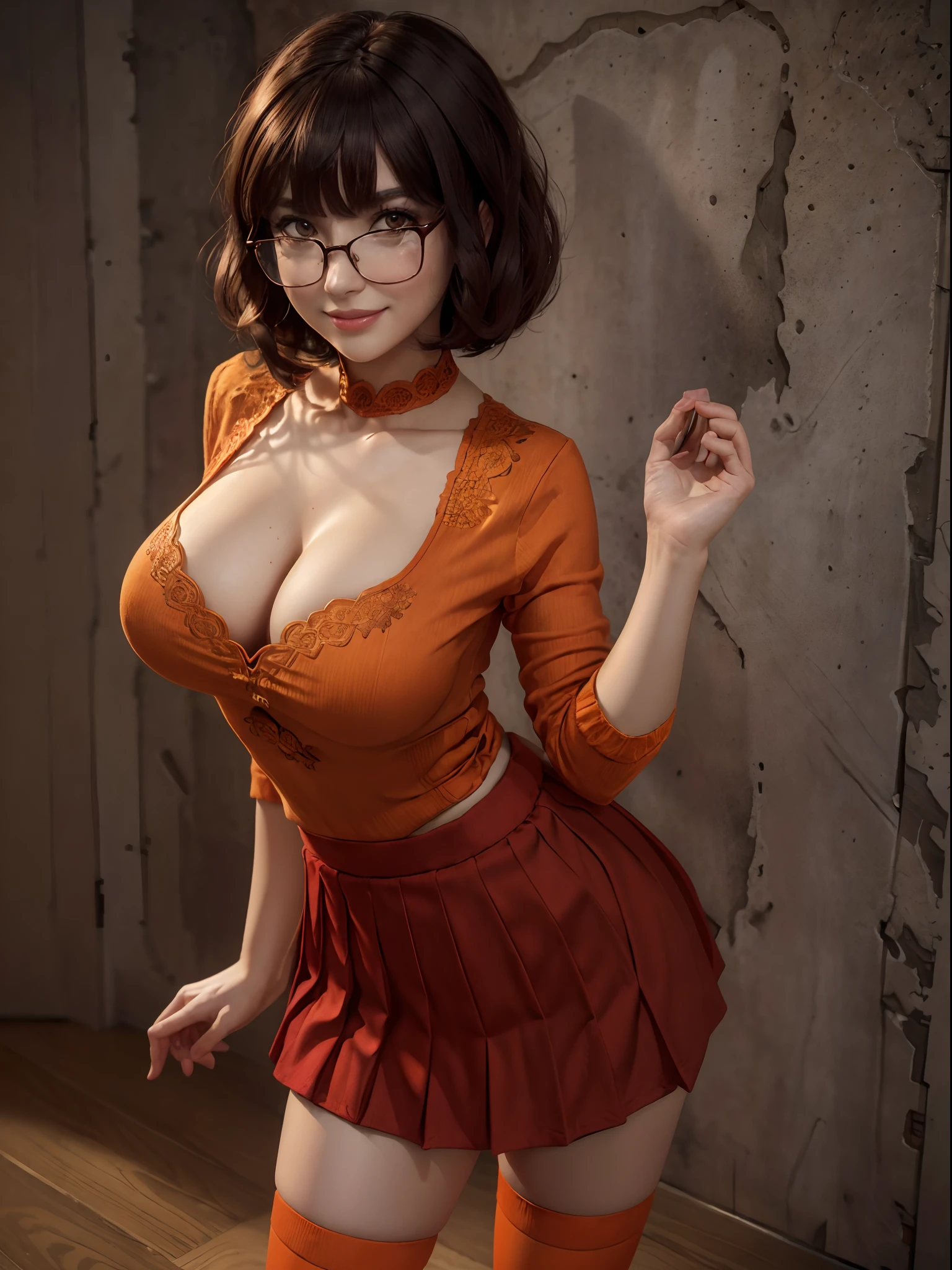 (realistic:1.3), insane detailed, quality, (masterpiece:1.2), (photorealistic:1.2), (best quality), (detailed skin:1.3), (intricate details), ray tracing, ((half body)), (((1girl))), (((1 person))), 20 years old, short hair, bob hair, huge breast, red pleated skirt, glasses, smile, orange socks, againts wall, (blurry background)