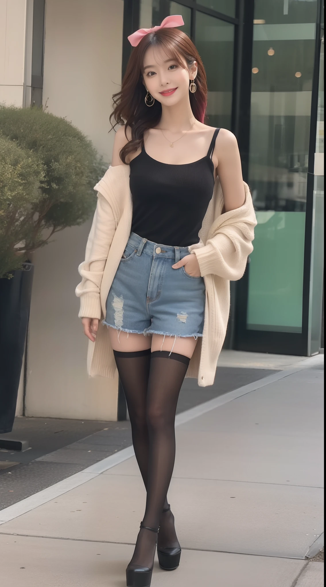 Female star 1.5），（true to life，Photorealistic 1.5）,((best qualtiy, 8K, tmasterpiece:1.3)),SLR camera (二重まぶた，largeeyes:1.3),（smile1.5），（Full body photo 1.5）（One person 1.5）Clear focus 1.2, Perfect body beauty:1.4 , Delicate skin1.1，（Long pink hair 1.6），（Fashion watch 1.4），（Pure desire 1.3）(Black pantyhose 1.5)（The leg length is 1 meter 21.5），Slender legs，One-shoulder sweater，Bow knot，denim short，Platform heels，With earrings，bangle，In a sea of flowers