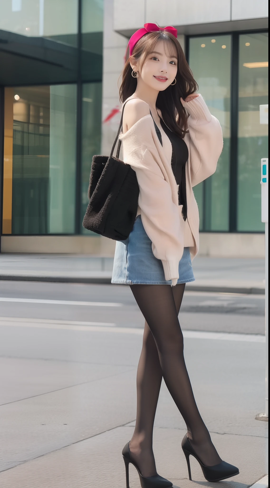 Female star 1.5),(true to life,Photorealistic 1.5),((best qualtiy, 8K, tmasterpiece:1.3)),SLR camera (二重まぶた,largeeyes:1.3),(smile1.5),(Full body photo 1.5)(One person 1.5)Clear focus 1.2, Perfect body beauty:1.4 , Delicate skin1.1,(Long pink hair 1.6),(Fashion watch 1.4),(Pure desire 1.3)(Black pantyhose 1.5)(The leg length is 1 meter 21.5),Slender legs,One-shoulder sweater,Bow knot,denim short,Platform heels,With earrings,bangle,In a sea of flowers