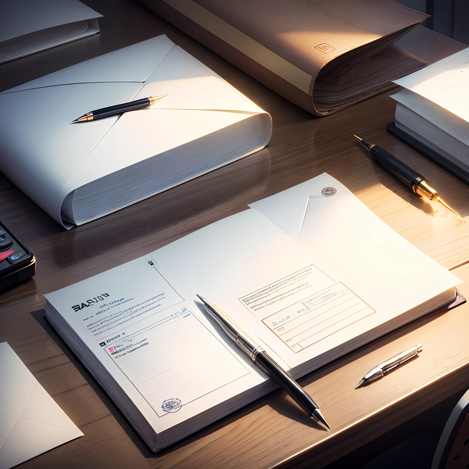 A4 copy paper, envelope and pen on desk --auto