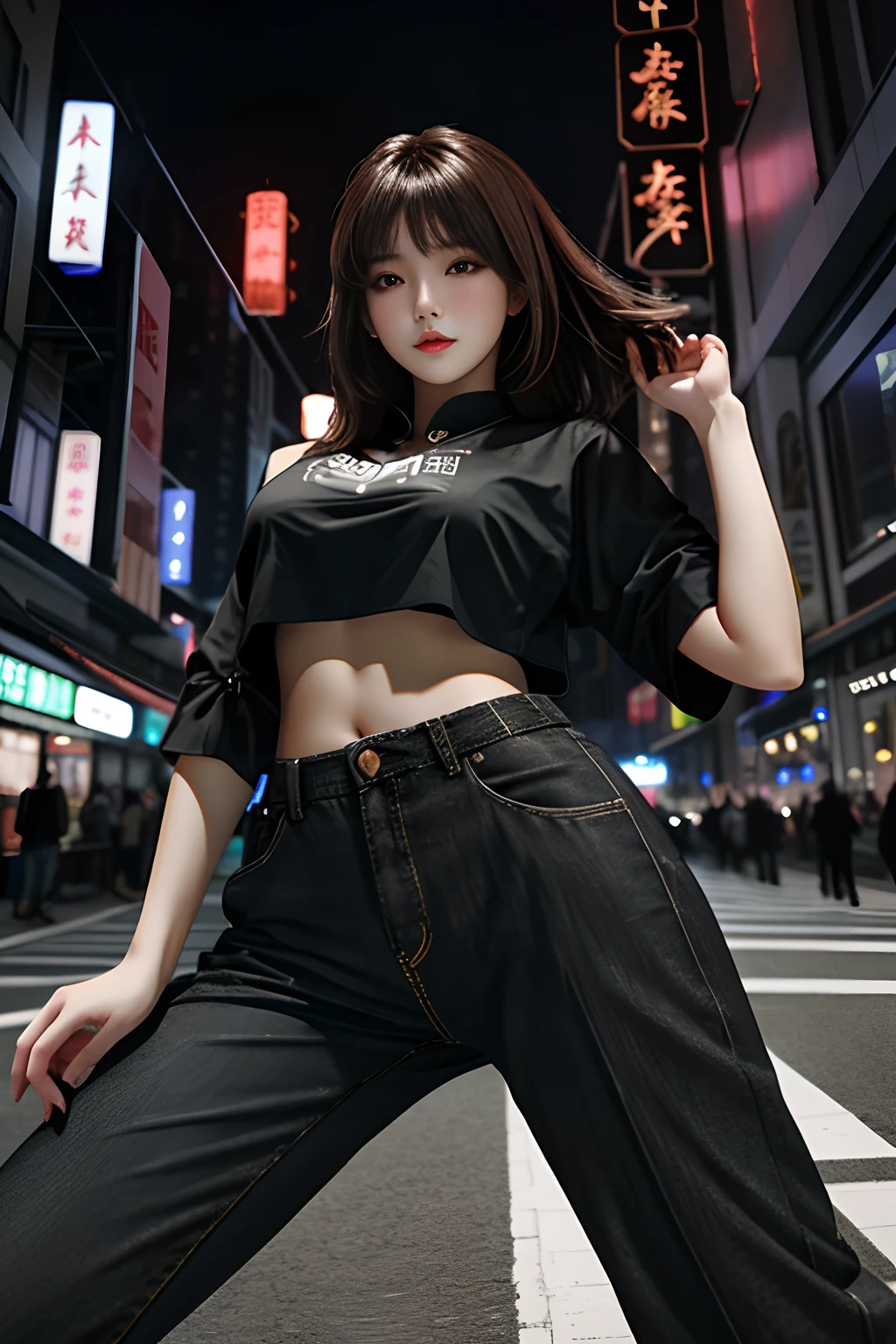 tmasterpiece, Best quality at best, 1girll, from below, underboobs, mediuml breasts, shorter pants, Crop tops, brunette color hair, 黑The eye,Chinese woman,Bottom-up perspective,Night view of the city,Live the life of Riley,