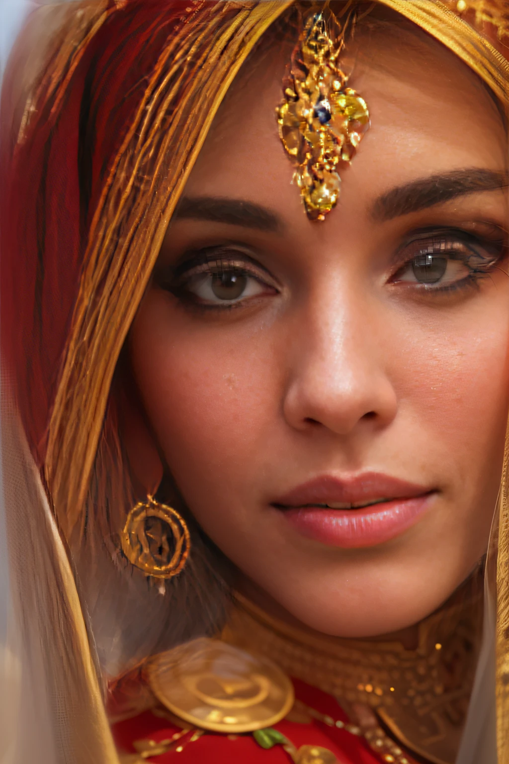 a close up of a woman in a red and gold costume, Traditional beauty, detailed beauty portrait, Portrait shooting, arabian beauty, Indian, stunning portrait, Beautiful portrait, very beautiful portrait, Rendu portrait 8k, photo of a beautiful woman, Middle Eastern skin, high quality portrait, indian empress, traditional makeup, Portrait photo of a beautiful, detailed beautiful portrait, indian style