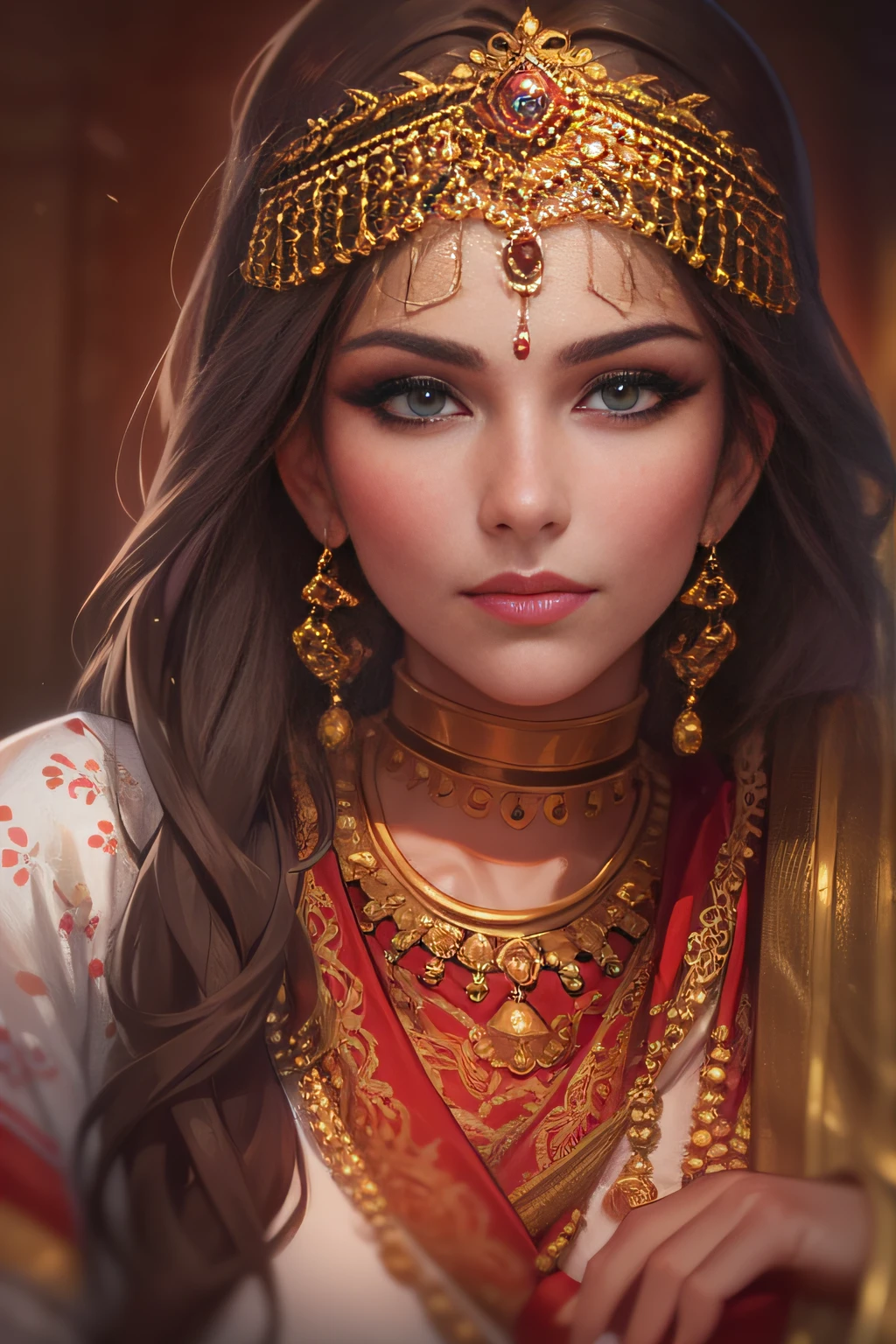a close up of a woman in a red and gold costume, Traditional beauty, detailed beauty portrait, Portrait shooting, arabian beauty, Indian, stunning portrait, Beautiful portrait, very beautiful portrait, Rendu portrait 8k, photo of a beautiful woman, Middle Eastern skin, high quality portrait, indian empress, traditional makeup, Portrait photo of a beautiful, detailed beautiful portrait, indian style