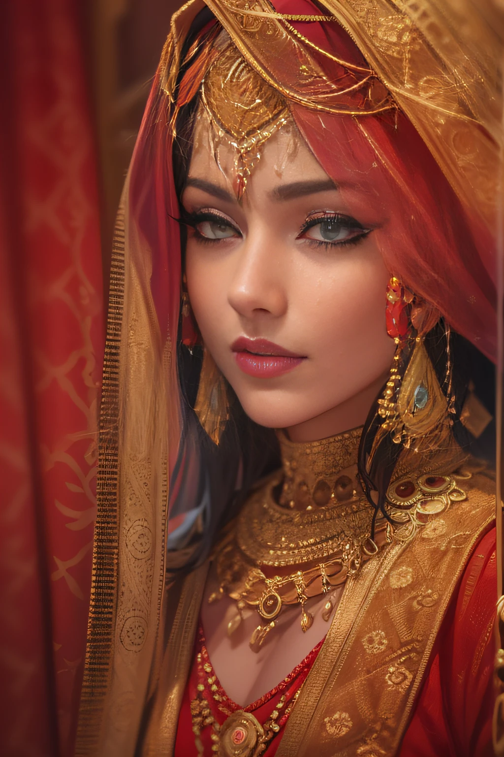 a close up of a woman in a red and gold costume, Traditional beauty, detailed beauty portrait, Portrait shooting, arabian beauty, Indian, stunning portrait, Beautiful portrait, very beautiful portrait, Rendu portrait 8k, photo of a beautiful woman, Middle Eastern skin, high quality portrait, indian empress, traditional makeup, Portrait photo of a beautiful, detailed beautiful portrait, indian style