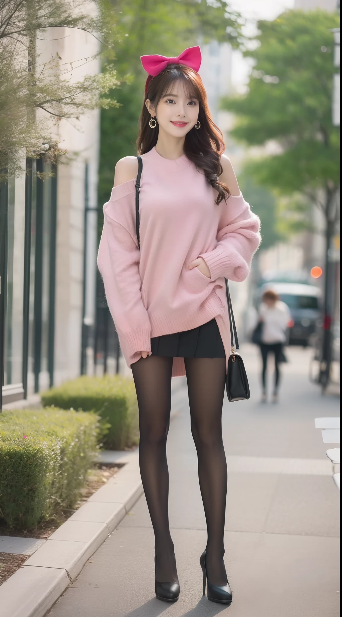 Female star 1.5），（true to life，Photorealistic 1.5）,((best qualtiy, 8K, tmasterpiece:1.3)),SLR camera (二重まぶた，largeeyes:1.3),（smile1.5），（Full body photo 1.5）（One person 1.5）Clear focus 1.2, Perfect body beauty:1.4 , Delicate skin1.1，（Long pink hair 1.6），（Fashion watch 1.4），（Pure desire 1.3）(Black pantyhose 1.5)（The leg length is 1 meter 21.5），Slender legs，One-shoulder sweater，Bow knot，Skirt that wraps hips，Platform heels，With earrings，bangle，In a sea of flowers