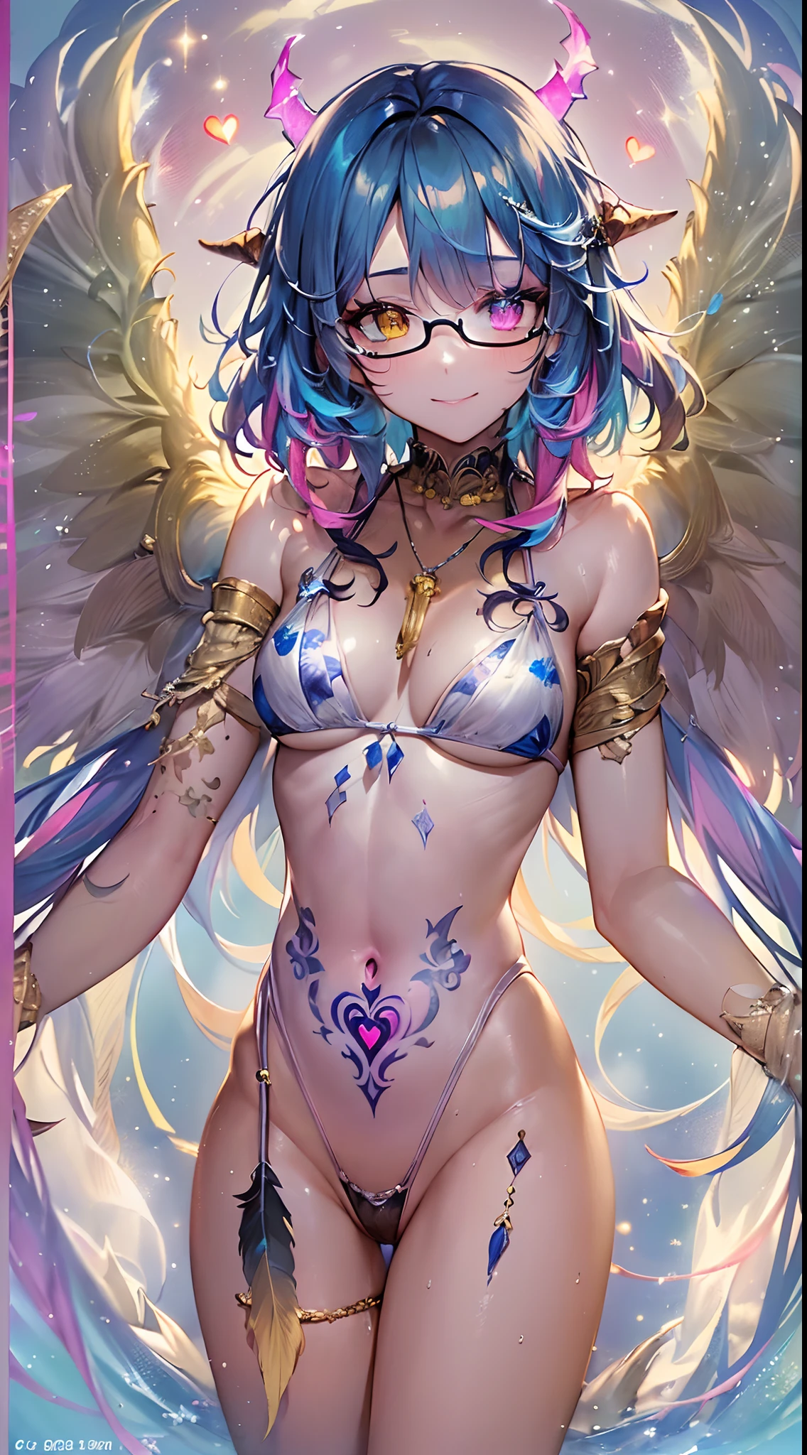 ((masutepiece, of the highest quality, Watercolor art (Pendants), Beautiful and aesthetic: 1.2)), (Golden ratio: 1.2), (Full body: 1.2), (Super Detail: 1.3), (girl with: 1.3), (Fractal Art: 1.3), (Glitter Pupil)),(eye glass:1.5) ,patterns, (Iridescent hair, Colorful hair, Half light blue and half pink hair: 1.2)), Colorful, Writing, (Heterochromia), (Colorful: 1.5), (((Shy face)), ((Golden Micro Bikini)), (full body Esbian), (Hyper-detailing), ((delicate detail)), (intricate-detail), ((Cinematic Light, Highest quality backlight)), High contrast, ((The best lighting, Very delicate and beautiful)), (( Cinematic Light)), (ray trace reflection, Glow), (((glowing aura)), ((Glowing hair)), ((Super Detail)), (8K)), ((a closeup)), ((Brown skin)), (Showering), ((Seductive smile)) ,((high angle full body shot)),((Demon Girl, demonic horns, demon tail, Devil's Wings, pube_The tattoo, Heart-shaped pupil))、((On the bet))、(black feathers on the back,,,,,:1.5), (Full body:1.2),(look at viewr:1.2),(all-fours:1.5)