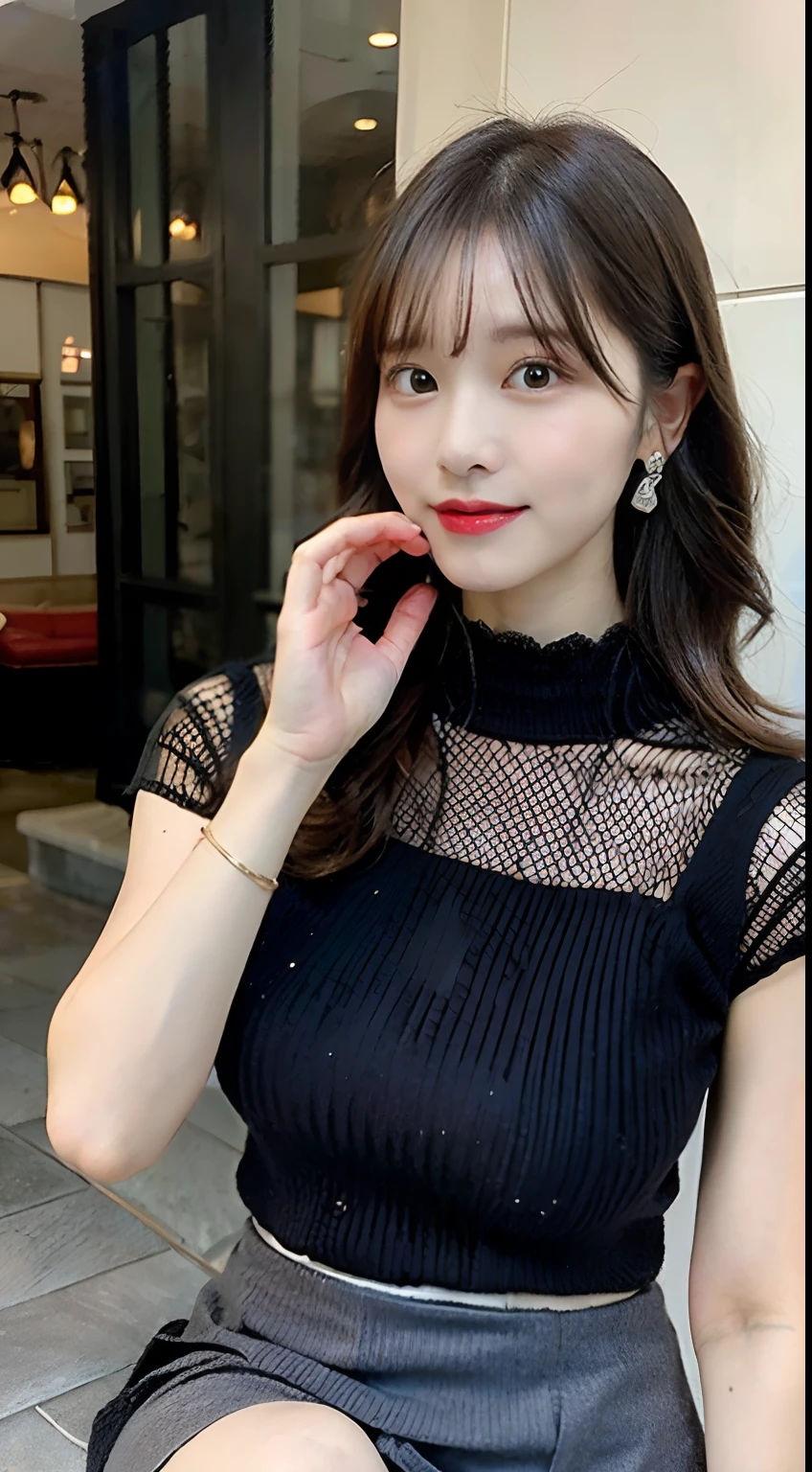 1 Lady, Gorgeous and rich gorgeous woman, extra detailed face, Actress face, (((Skirt lift:1.2))), ((Openwork knitted maxi dress:1.2)) , tall stature, Sexy lace panties visible, ((one knee:1.2)), (((Very huge bust size))), No bras