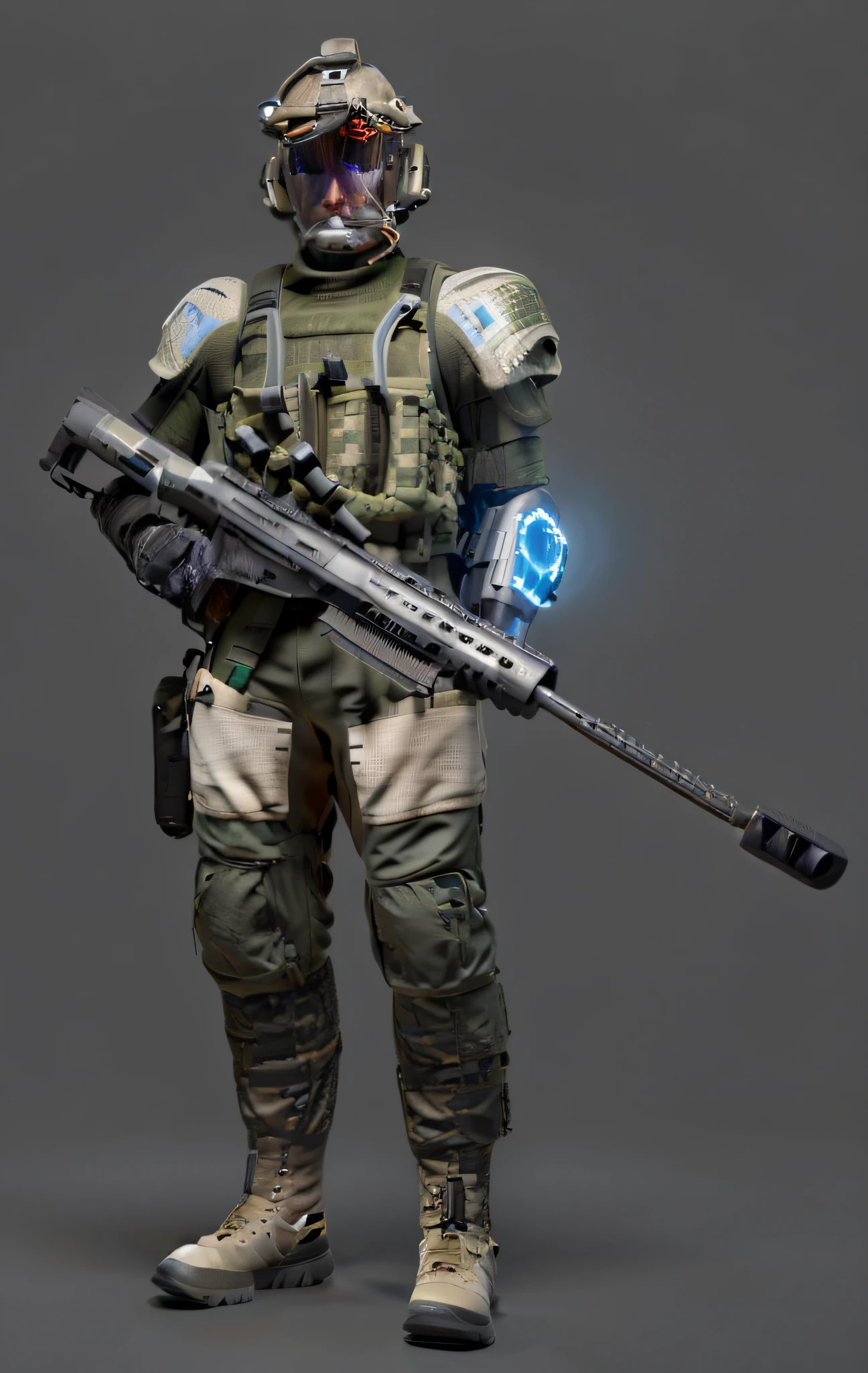 A close-up of a soldier with a gun and helmet, sci-fi soldier, sci-fi skin, With a sci-fi rifle, futuristic soldier, clothed in sci-fi military armor, future soldier clothing, cyberpunk soldier, energy rifle, holding the sniper rifle, expert high detail concept art, sci - fi character, ingame image, intimidating full body armor