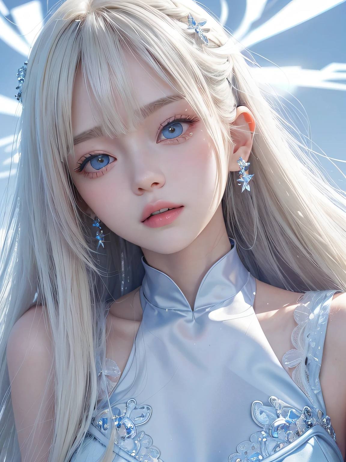1 girl、porate、Student clothes、blue-sky、Bright and very beautiful face、年轻, shiny white shiny skin、Best Looks、Blonde hair with dazzling light reflection、Beautiful platinum blonde hair is super long silky straight shiny、Long bangs、Very beautiful 17 year old、Big eyes that shine crystal clear light blue、Beautiful cute beautiful girl