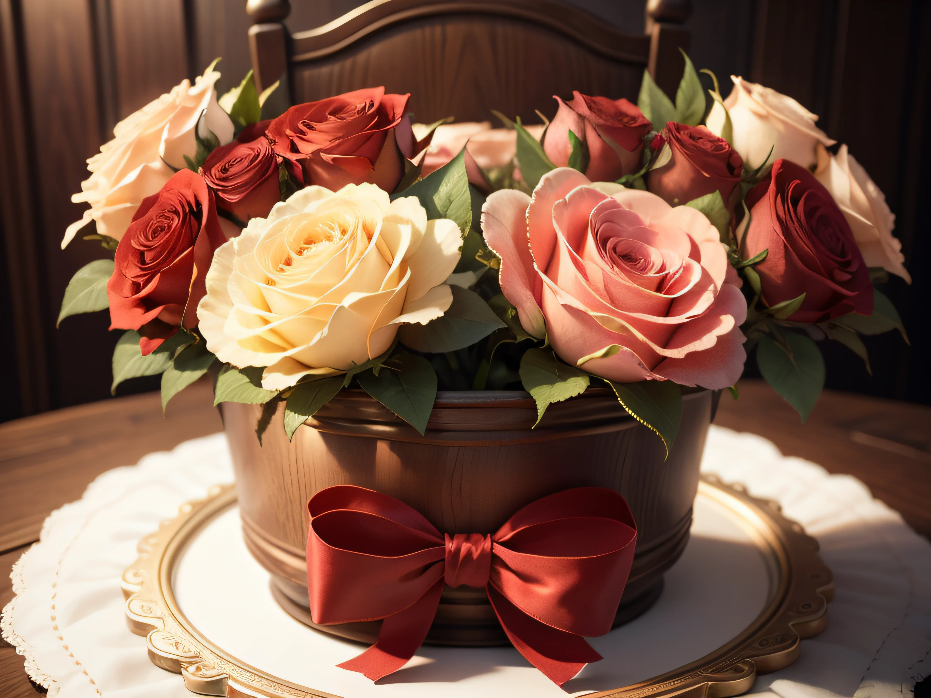 Classic Rose, bouquet, bow ribbon, Lots of decoration, Realistically rendered, photo-like style.