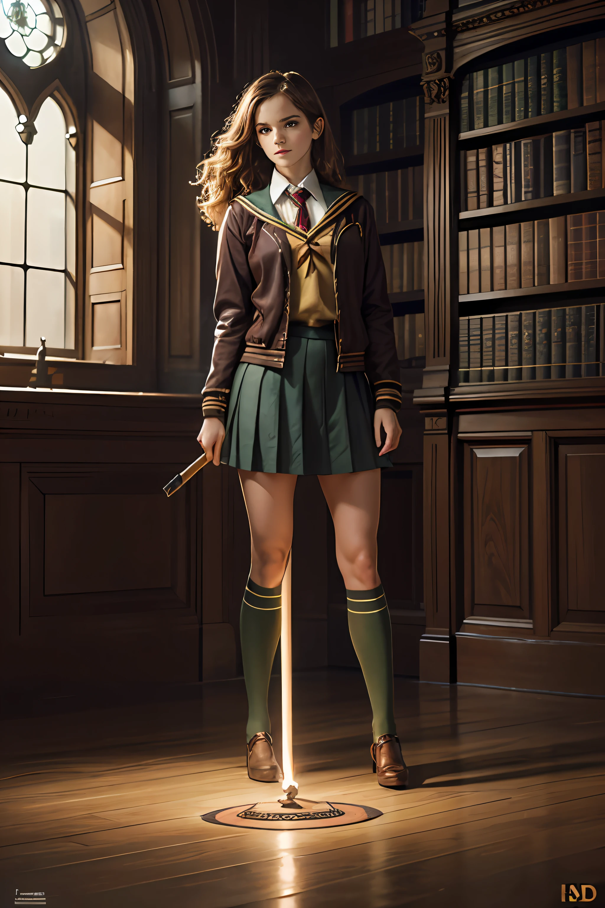 emma watson as hermione granger in her classic red school uniform, ((only green books)) inside a library, holding the brown wand with the tip,  ((glowing from the lumos spell)), colorful, digital painting, concept art, smooth, sharp focus, illustration, art hyperdetailed, by john blanche retouched, realistic, smooth face, perfect eyes, symmetrical, full body shot, wide angle, sharp focus, 8 k high definition, insanely detailed, intricate, elegant, art by artgerm