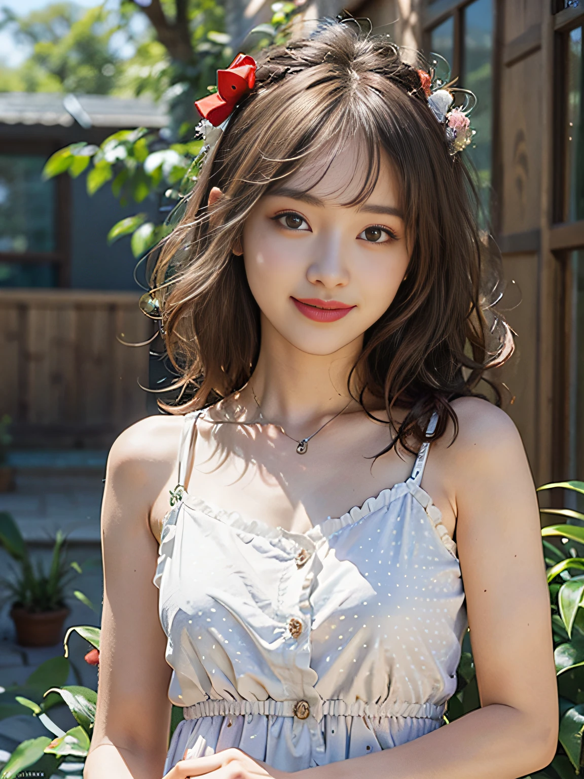 8k、(masterpiece)、top-quality、Ultra-realistic 8K、erfect artwork、White polka dot dress on red、cute smile face