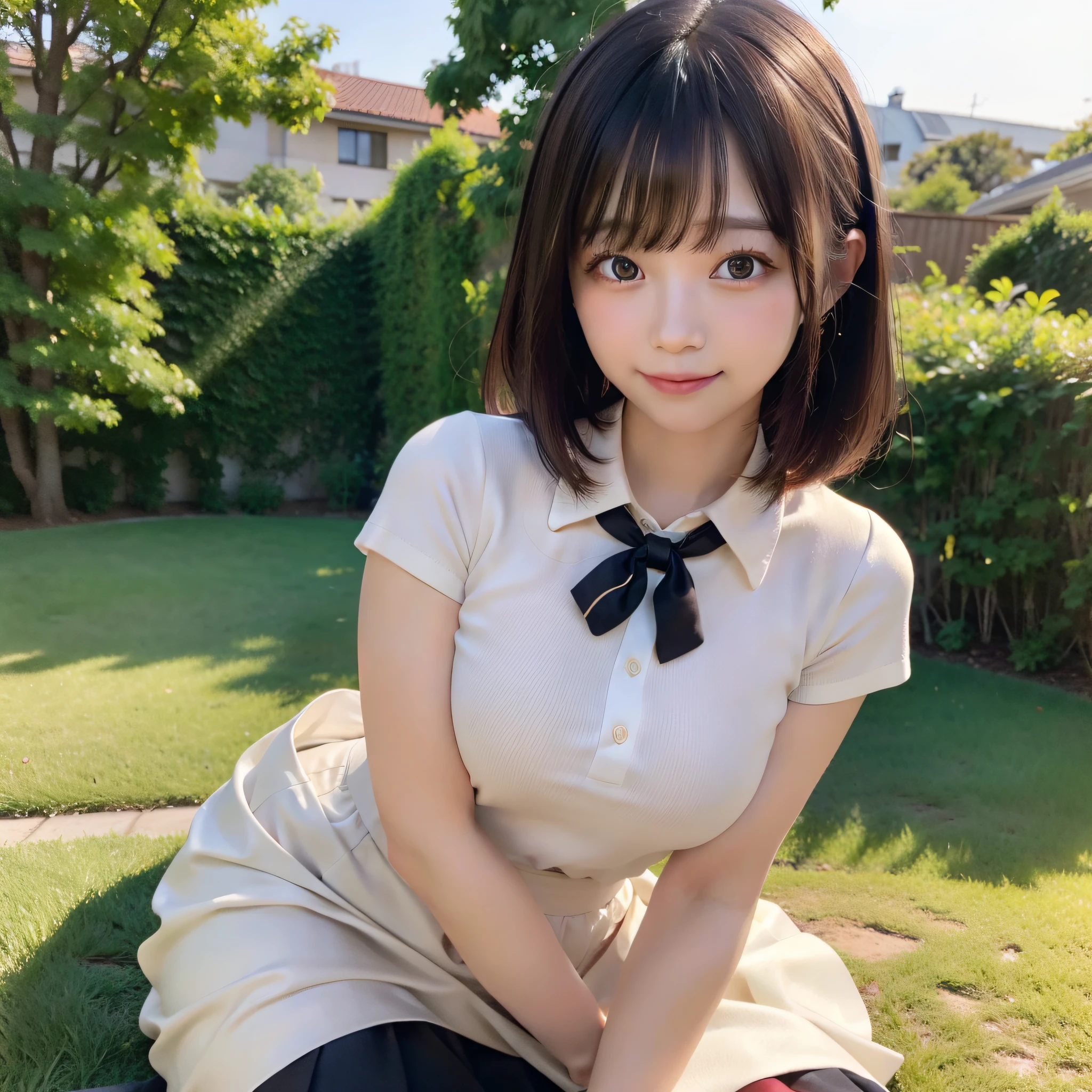 Masterpiece, top quality, official art, highly detailed CG Unity 8K wallpaper, like a schoolgirl, very delicate and beautiful, ultra high resolution, (photorealistic: 1.4), golden hour lighting, (upper body), (platinum shorthair: 0.8), (puffy eyes), looking at the viewer, facing the front, smiling, JK skirt, white dress, Shirt Lift Long Black Hair