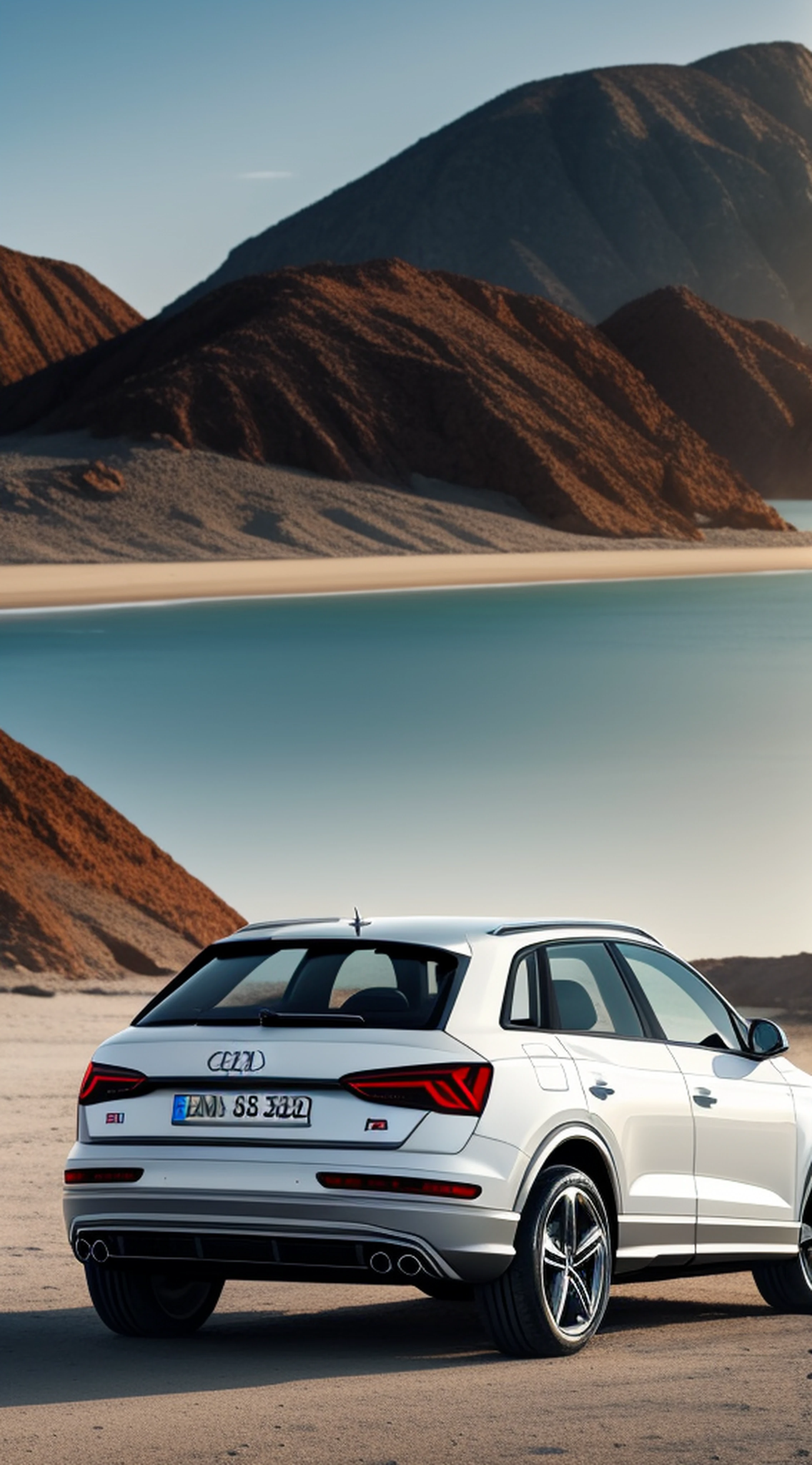Make an Audi Q3 in white color on a deserted beach 4K Realism HD