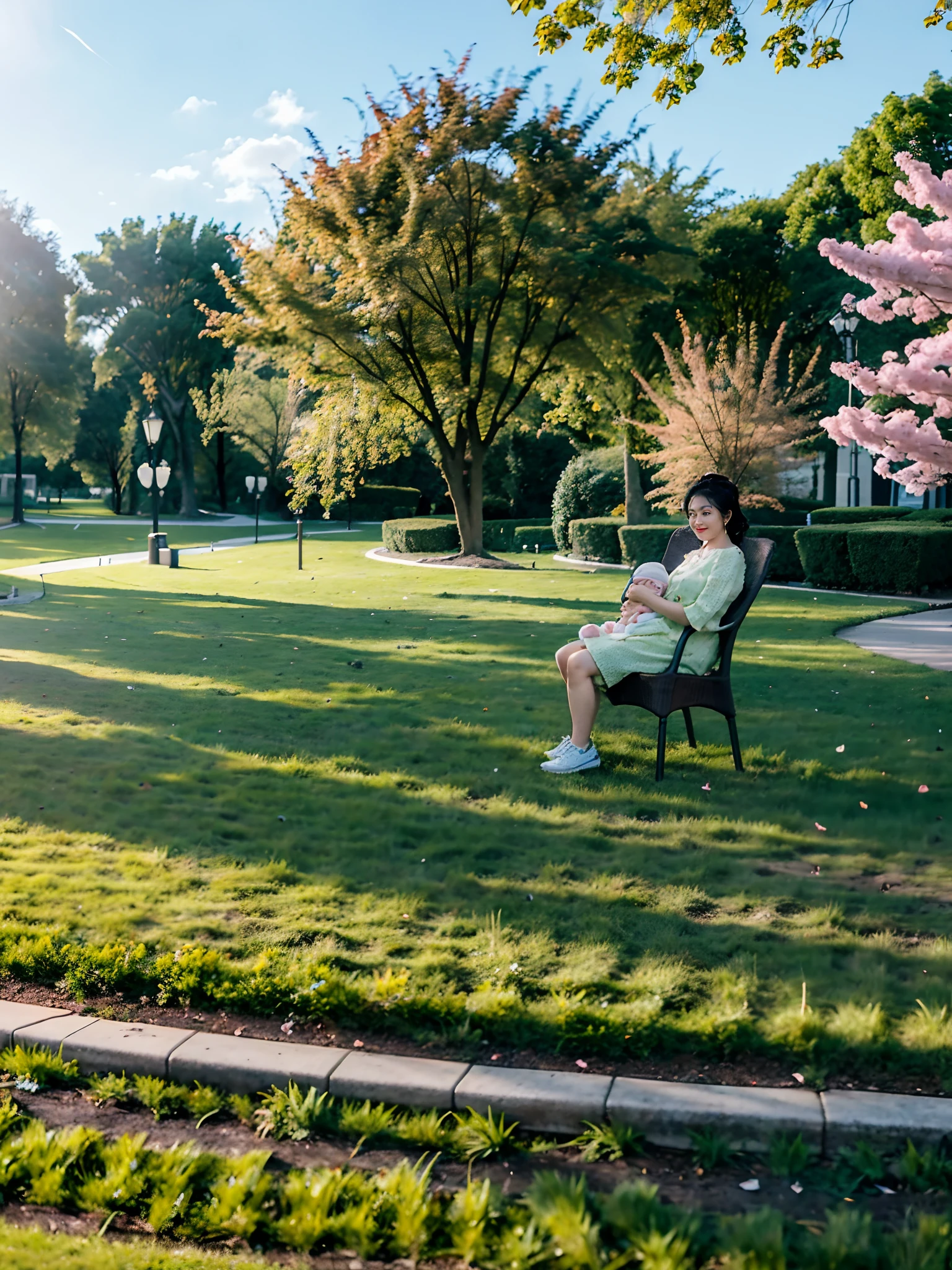 There was a woman sitting in a chair with a baby, with a park in the background, In Park, at park, with a park in the back ground, in a city park, park in background, In the park, at park, at the park on a beautiful day, sunny day in a park, In Park，lakeside