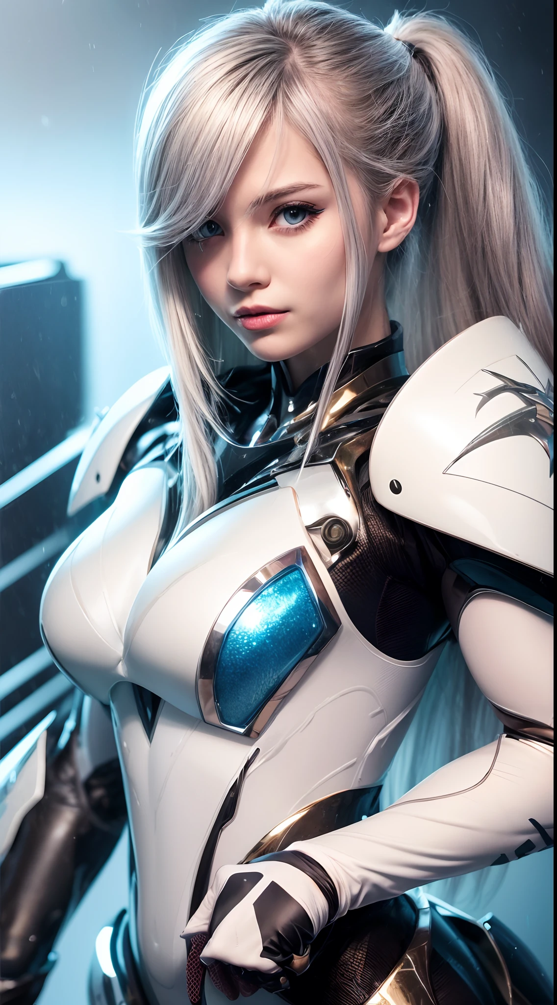 Gray hair, blue color eyes, Red eyeshadow, ssmile, slightly red face, Feminine expression, The delicate face shape is perfectly described, Eye-shaped necklace, Mecha armor，Clear lines, White gloves，Metal streamer, Best photo quality, 16K High Resolution, Colored inner hair, Inner dyeing asymmetrical hairstyleAsymmetrical hairstyle, Palace corridors，Side drill single-sided drill bit roll, hyper HD