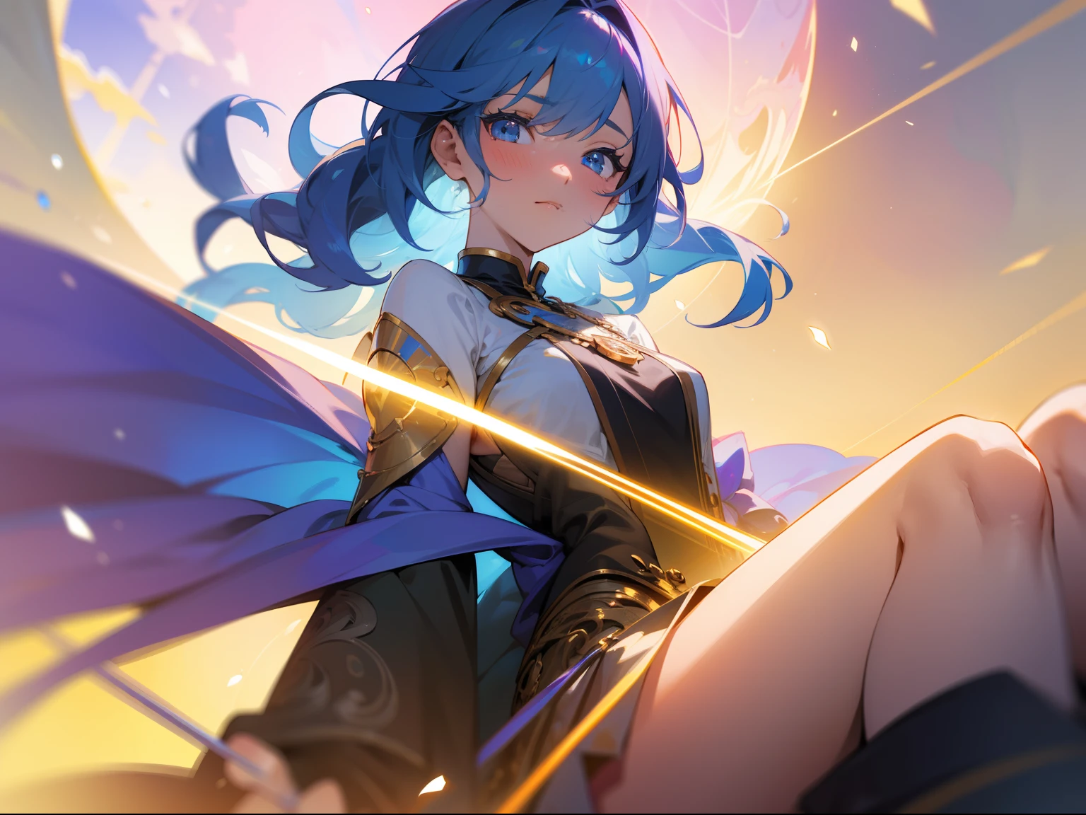 masterpiece,top-quality, Best Quality, the Extremely Detailed CG Unity 8K Wallpapers, Cinematic lighting, Lens Flare, Eyes in Beautiful Details, side glance, colorful light, Particle, portrait closeup,Cornflower Art、dream-like,hight resolution、volume illumination、contour deepening,Back lighting、Very detailed 8k wallpaper,frombelow、looking at the viewers、blush、sitted、feet focus、arms at the sides、masterpiece、top-quality、extra detailed face